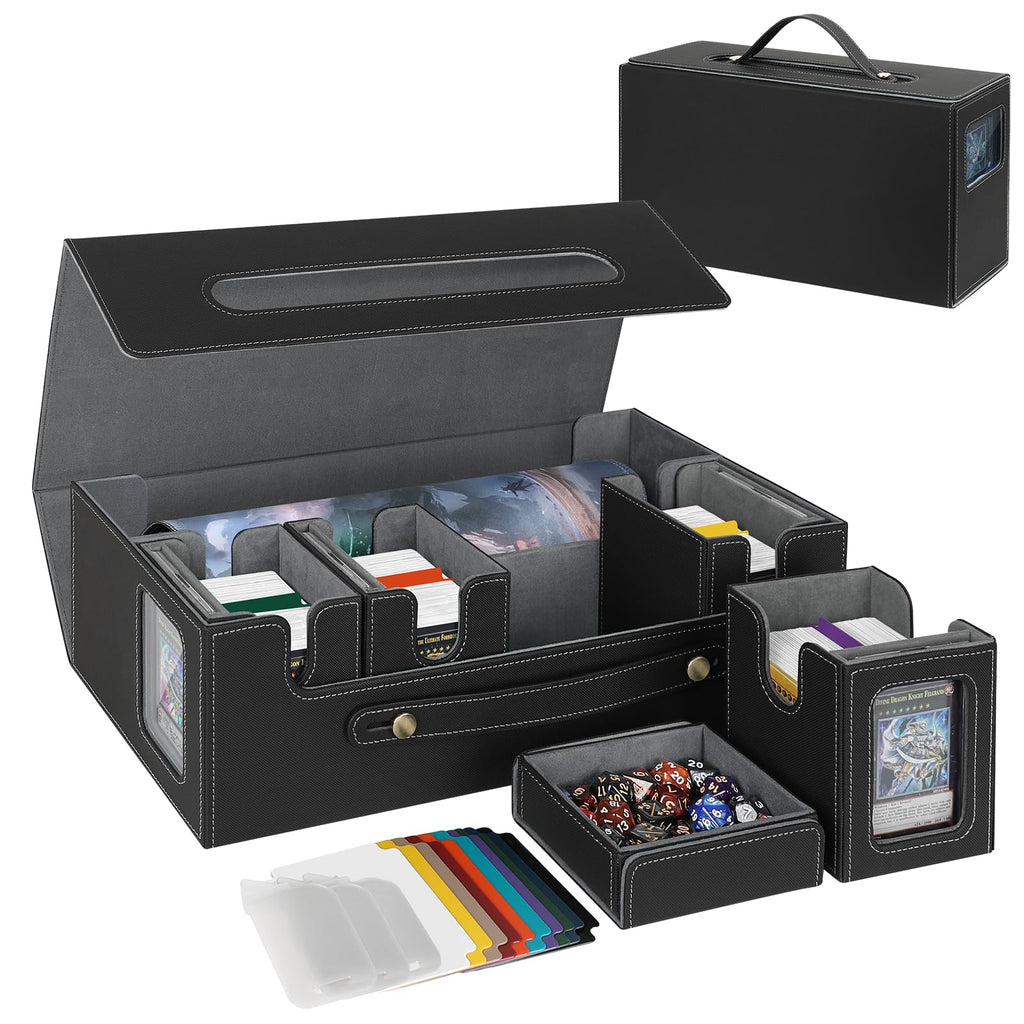 Card Deck Box for MTG with Commander Display, 5 in 1 Card Storage Box Fits 400+ Double-sleeved Cards, Deck Case for TCG Cards with Dividers, Dice Tray, Magnetic Card Holders, Black Purple