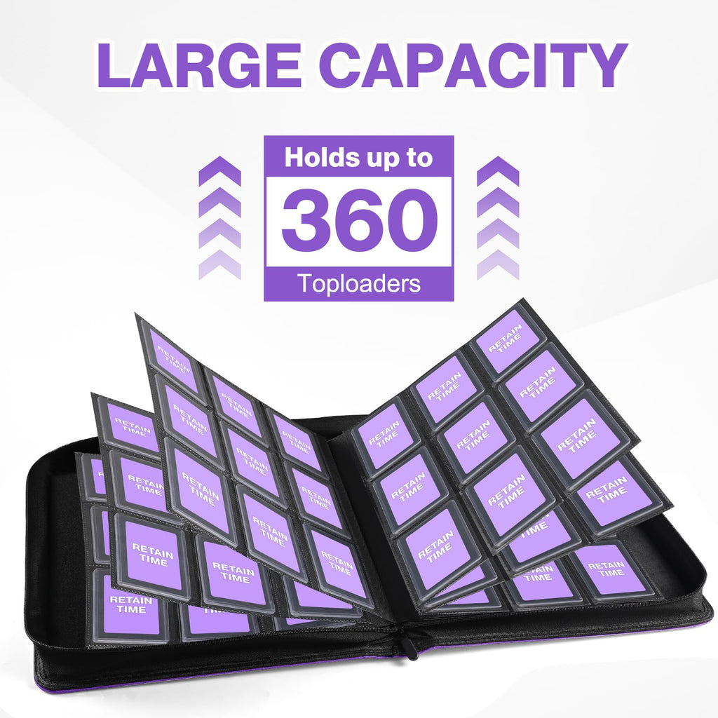 Toploader Binder, Holds 360 Toploader, 100 Toploaders INCLUDED, 9-Pocket PU Cover Top Loader Binder for 3" x 4" Rigid Toploaders, Ringless Double-Sided Toploader Card Binder for TCG, Sport Cards