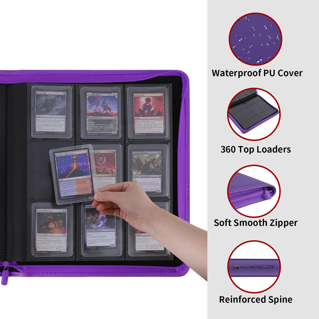 Snekdy Top loader Binder, 9 Pockets Top Loader，Holds 360 Top Loaders cards, Card binder with Sleeves for card in 3 x 4 inches color smooth Zipper PU Leather (Black)