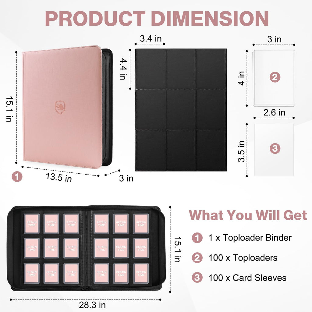 Toploader Binder, Holds 360 Toploader, 100 Toploaders INCLUDED, 9-Pocket PU Cover Top Loader Binder for 3" x 4" Rigid Toploaders, Ringless Double-Sided Toploader Card Binder for TCG, Sport Cards