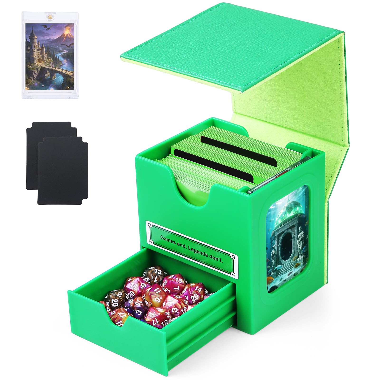 Patented MTG Commander DekBox, 100+ Double Sleeved Card Storage Box with Dice Tray, 35pt Card Holder & 2 Dividers - Magnetic Deck Case for TCG/CCG/Magic/Sports Cards, Black