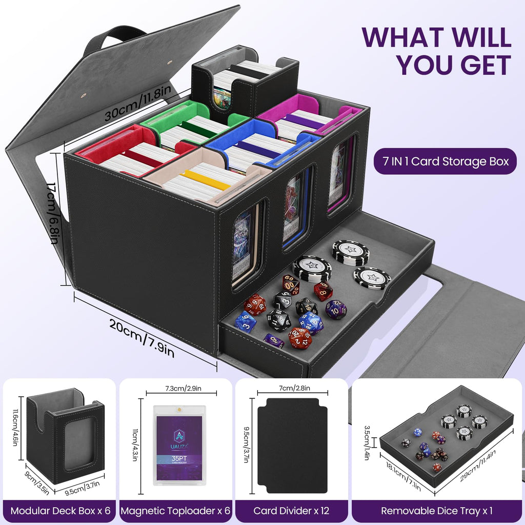 Card Deck Box for MTG with Commander Display, 5 in 1 Card Storage Box Fits 400+ Double-sleeved Cards, Deck Case for TCG Cards with Dividers, Dice Tray, Magnetic Card Holders, Black Purple