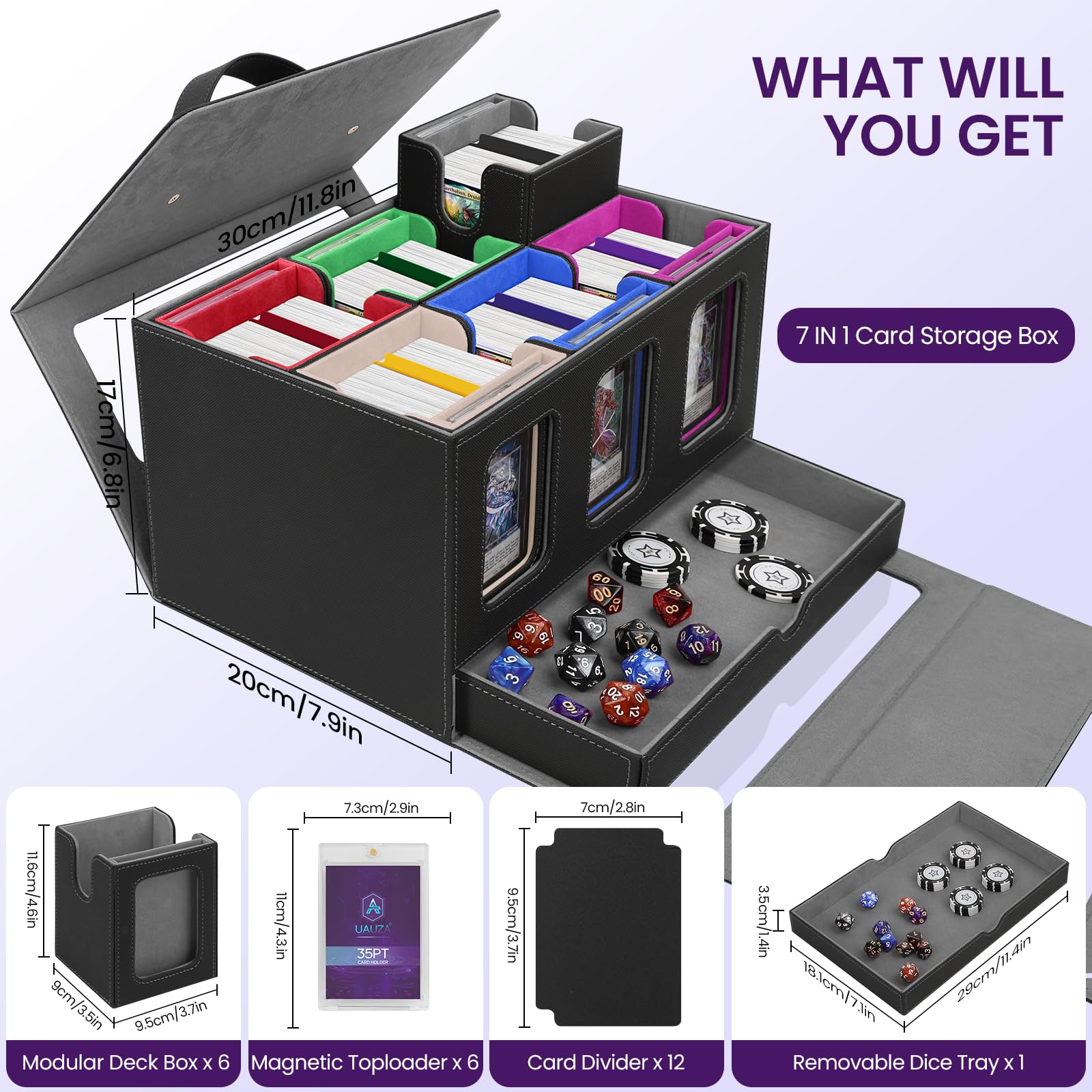 Card Deck Box for MTG with Commander Display, 5 in 1 Card Storage Box Fits 400+ Double-sleeved Cards, Deck Case for TCG Cards with Dividers, Dice Tray, Magnetic Card Holders, Black Purple