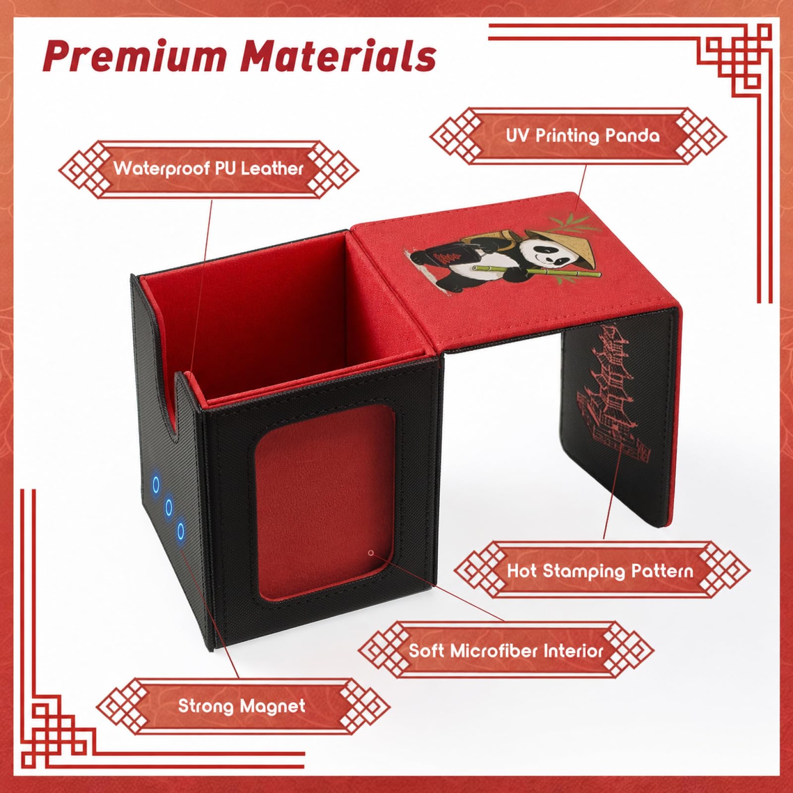 Venssu Chinese Takeout Deck Box with Commander Display, MTG Deck Case Fits 100 Double Sleeved Cards / 35+ Toploaders, Fake Leather Storage Box Compatible with TCG/PTCG Cards（White and Red）