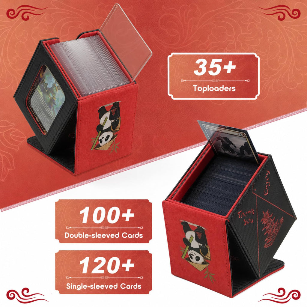 Venssu Chinese Takeout Deck Box with Commander Display, MTG Deck Case Fits 100 Double Sleeved Cards / 35+ Toploaders, Fake Leather Storage Box Compatible with TCG/PTCG Cards（White and Red）