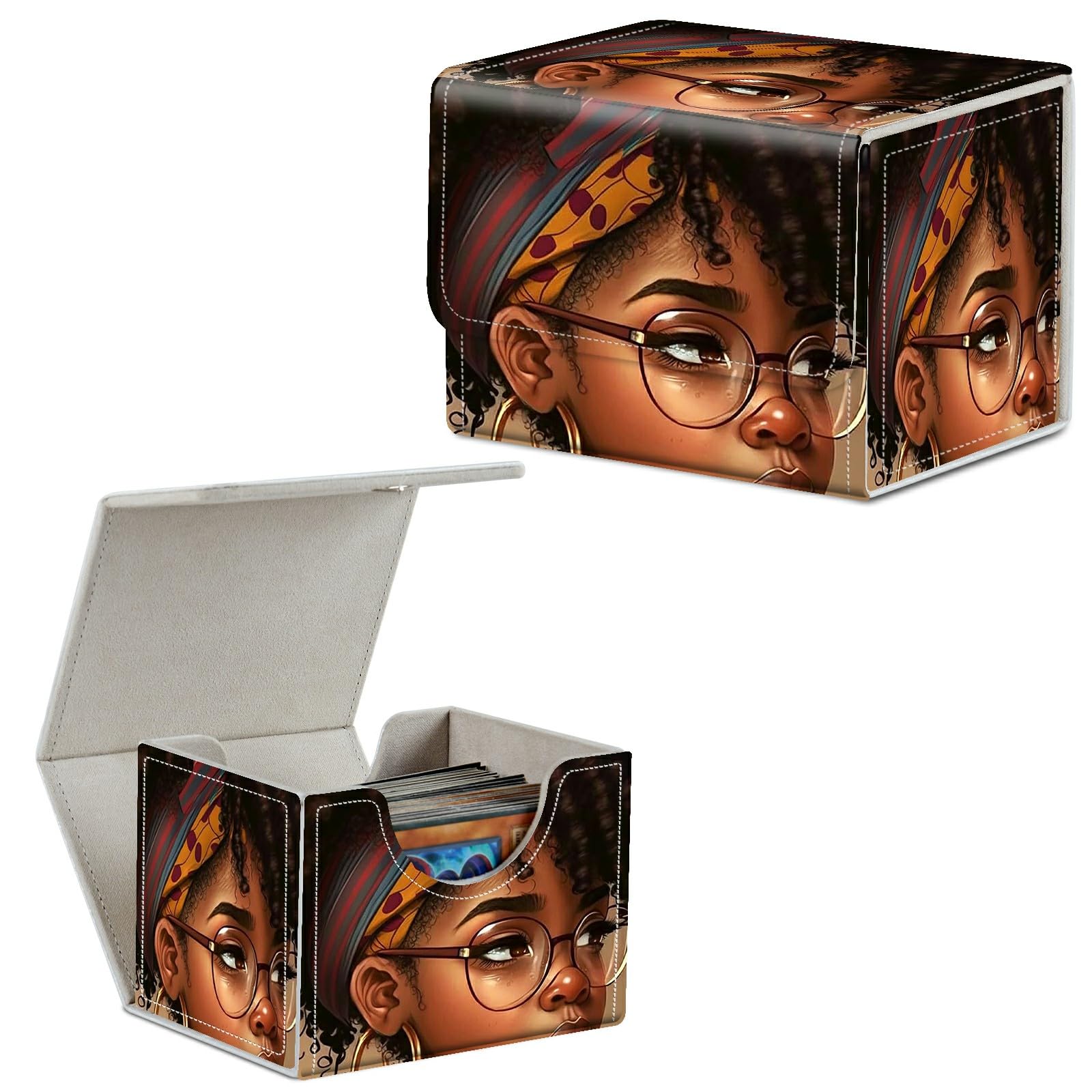 Card Deck Box Trading Cards Storage Box with Strong Magnet Premium Case Commander Deck Storage Cover for TCG CCG Magic Cards,Cat Face With Stars