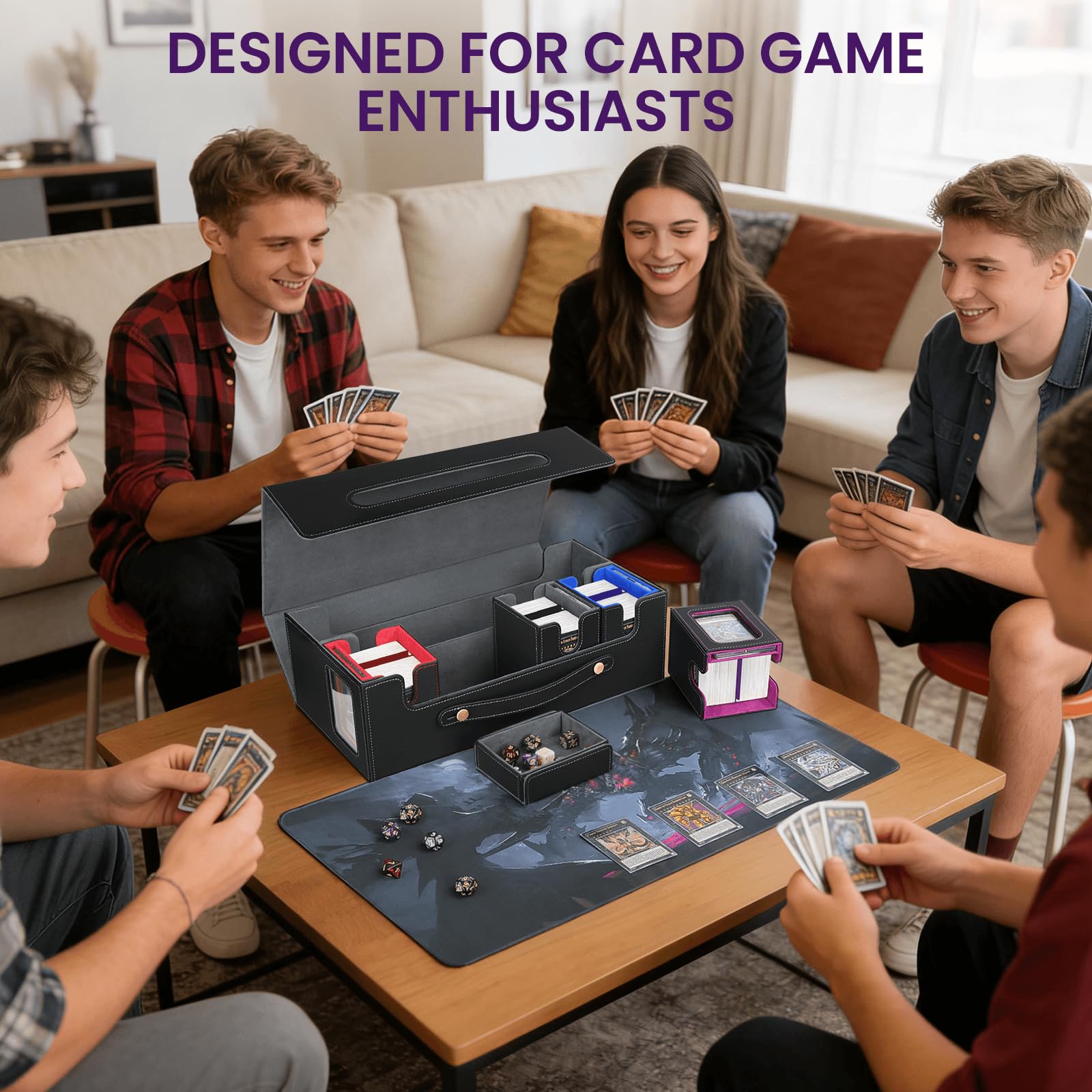 Card Deck Box for MTG with Commander Display, 5 in 1 Card Storage Box Fits 400+ Double-sleeved Cards, Deck Case for TCG Cards with Dividers, Dice Tray, Magnetic Card Holders, Black Purple