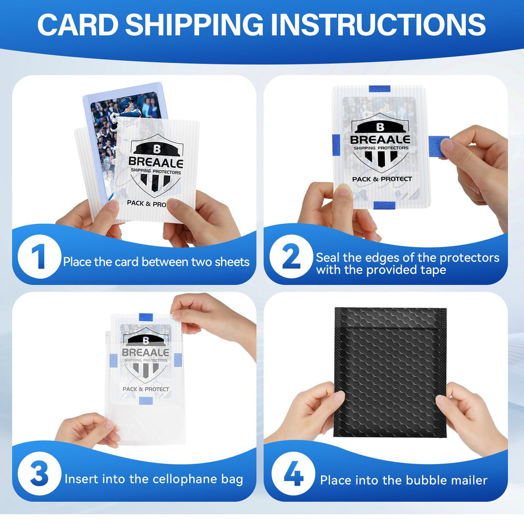 Trading Card Shipping Kit, Includes 100 4'' x 6'' Graded Card Shipping Protectors, 50 6'' x 8.7'' Envelope Bubble Mailers, 20M Painter’s Tape, 50 Cellophane Bags, PSA BGS CGC Slabs & Raw