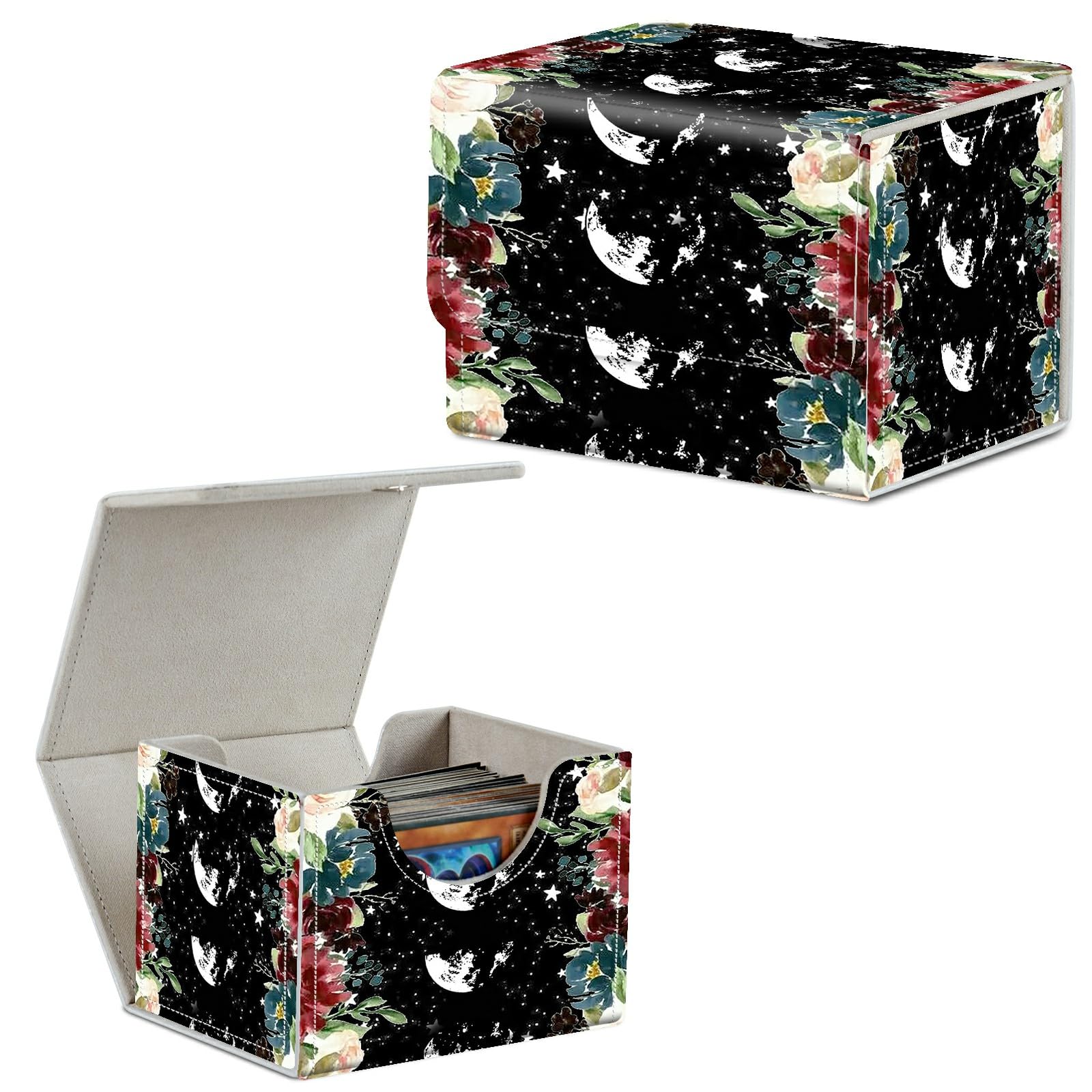 Card Deck Box Trading Cards Storage Box with Strong Magnet Premium Case Commander Deck Storage Cover for TCG CCG Magic Cards,Cat Face With Stars