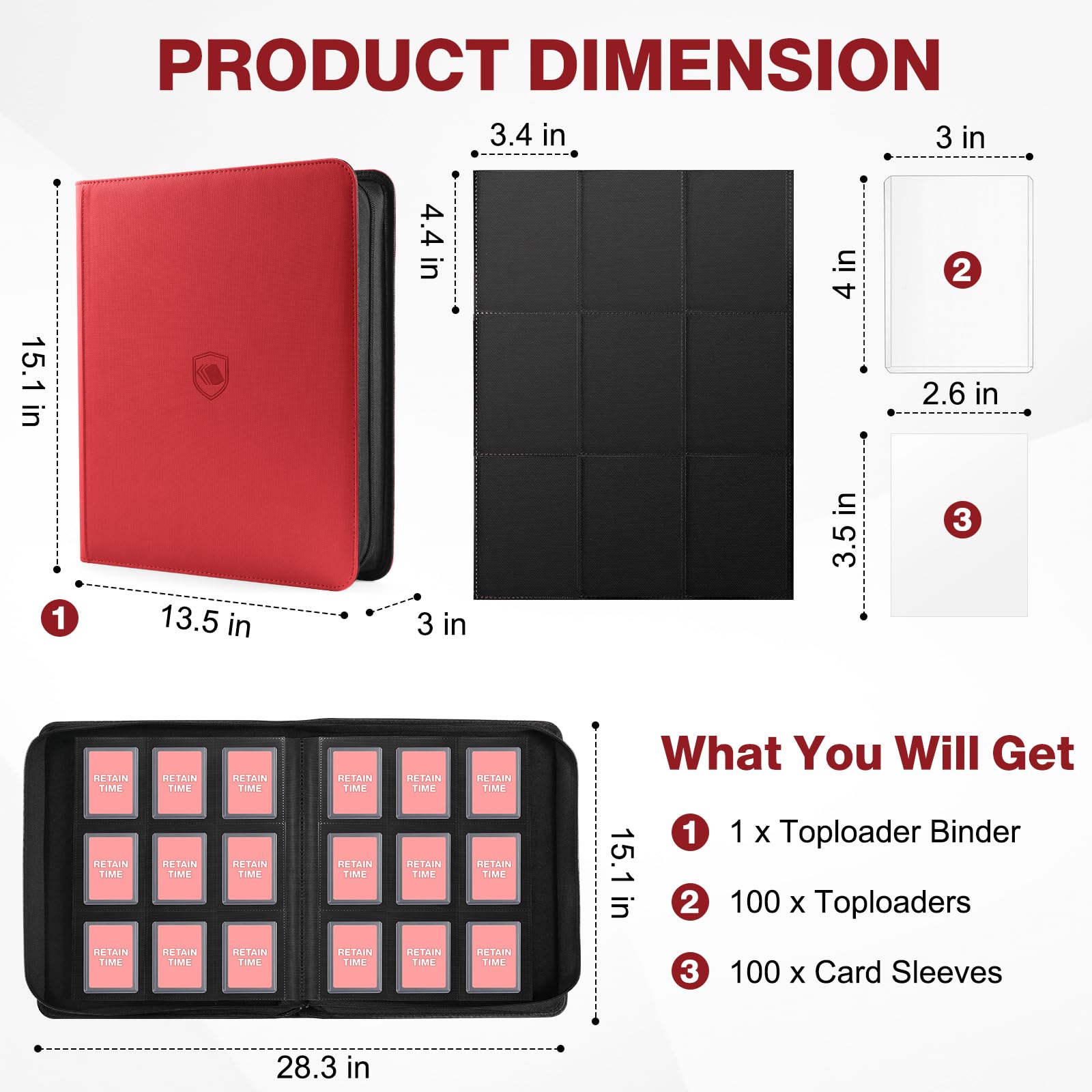 Toploader Binder, Holds 360 Toploader, 100 Toploaders INCLUDED, 9-Pocket PU Cover Top Loader Binder for 3" x 4" Rigid Toploaders, Ringless Double-Sided Toploader Card Binder for TCG, Sport Cards