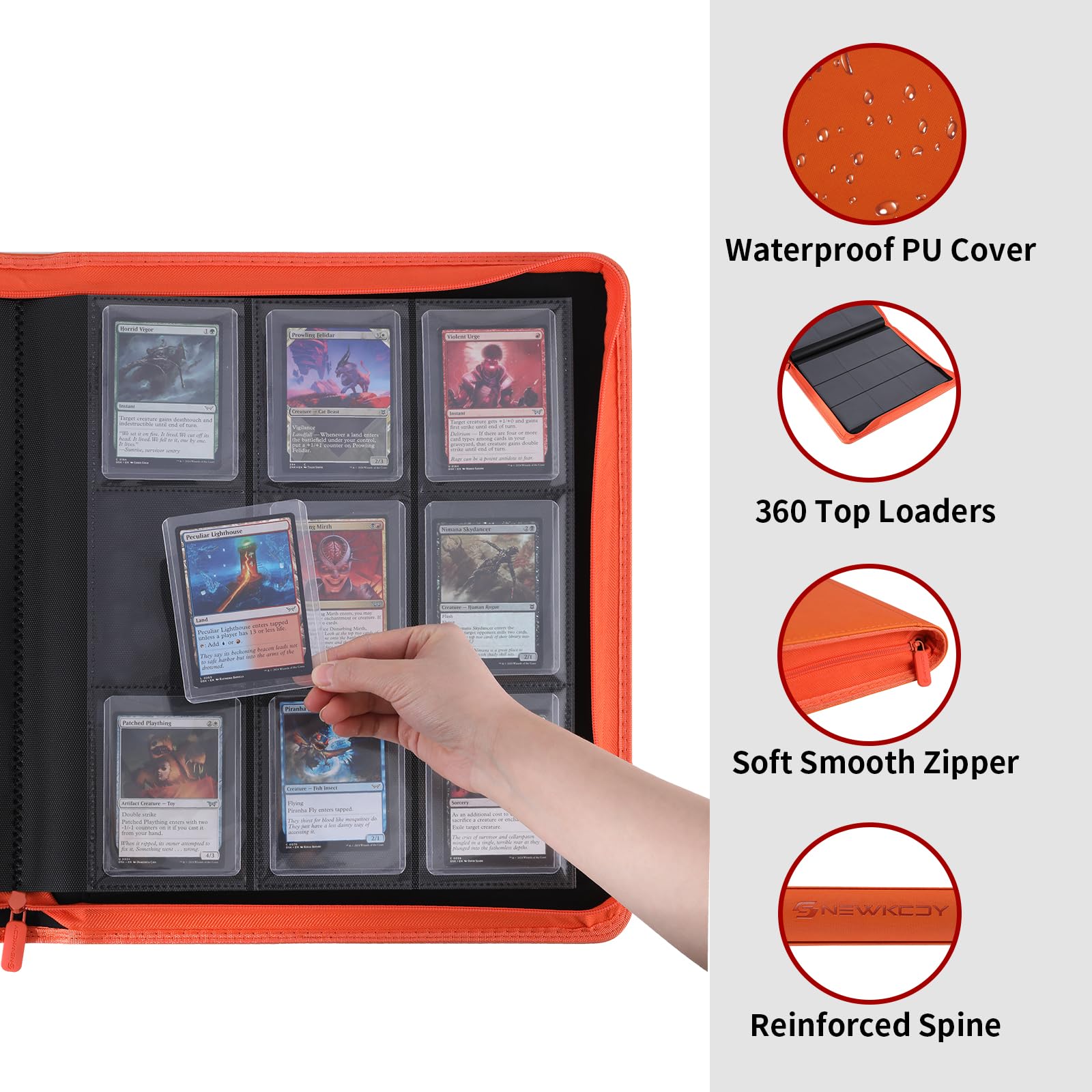 Snekdy Top loader Binder, 9 Pockets Top Loader，Holds 360 Top Loaders cards, Card binder with Sleeves for card in 3 x 4 inches color smooth Zipper PU Leather (Black)