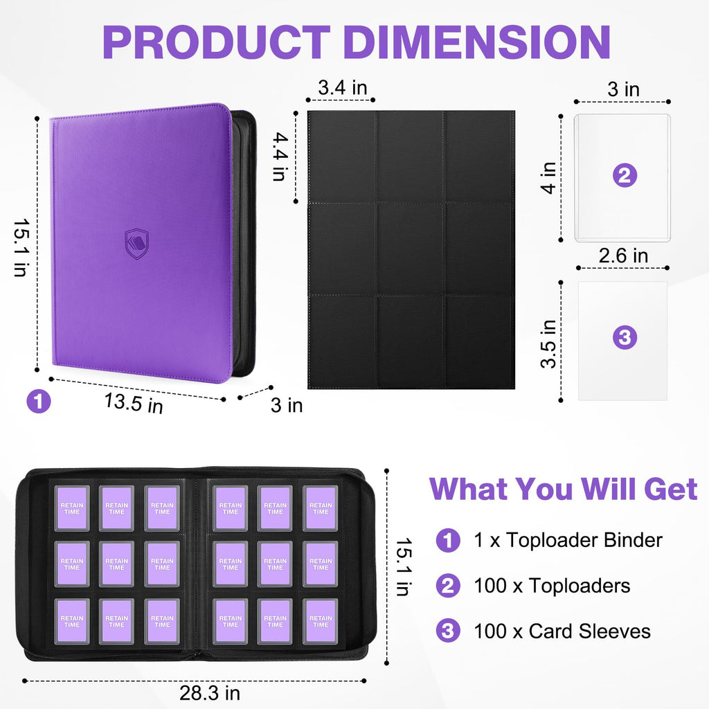 Toploader Binder, Holds 360 Toploader, 100 Toploaders INCLUDED, 9-Pocket PU Cover Top Loader Binder for 3" x 4" Rigid Toploaders, Ringless Double-Sided Toploader Card Binder for TCG, Sport Cards