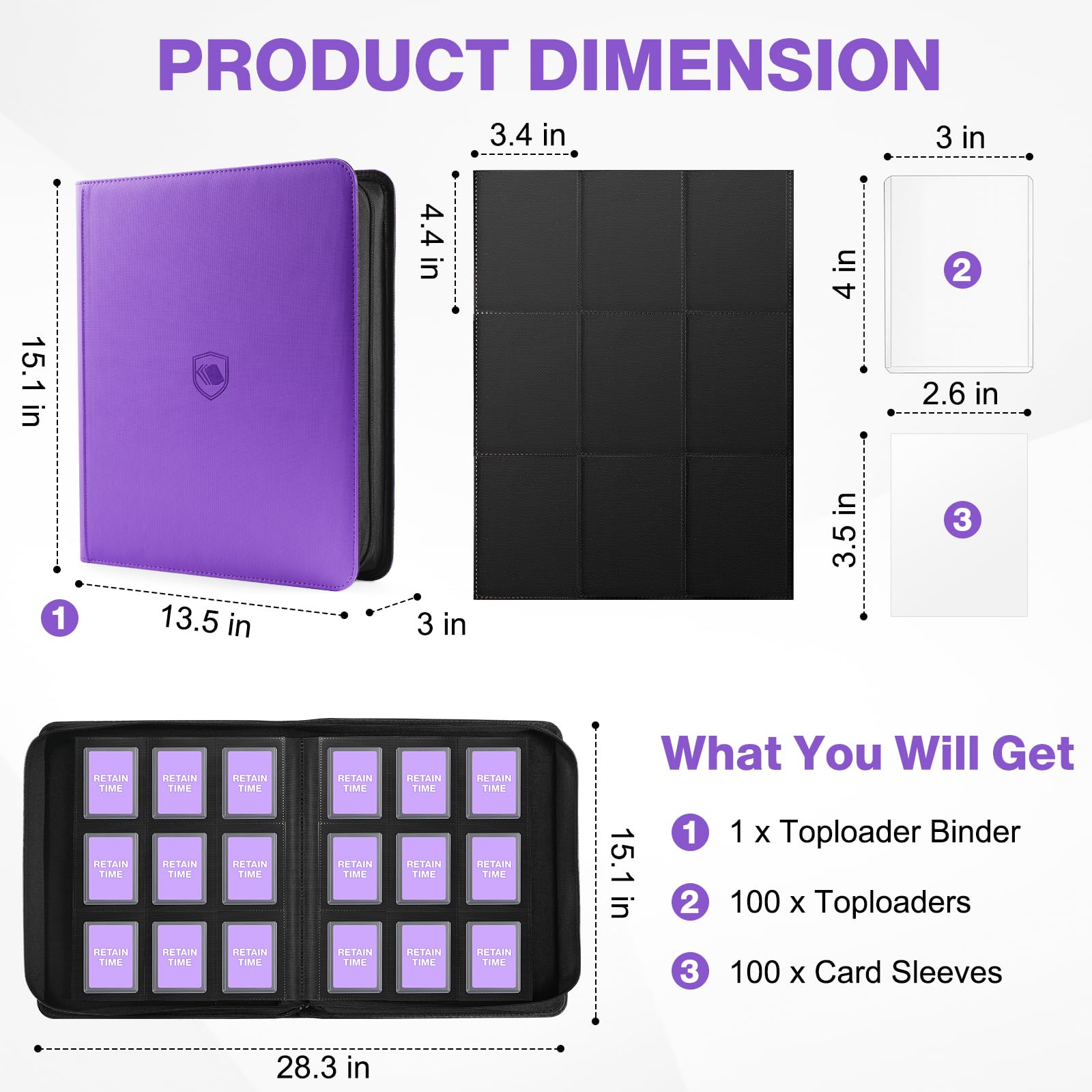 Toploader Binder, Holds 360 Toploader, 100 Toploaders INCLUDED, 9-Pocket PU Cover Top Loader Binder for 3" x 4" Rigid Toploaders, Ringless Double-Sided Toploader Card Binder for TCG, Sport Cards