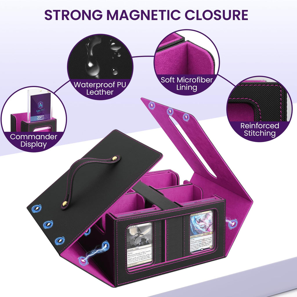 Card Deck Box for MTG with Commander Display, 5 in 1 Card Storage Box Fits 400+ Double-sleeved Cards, Deck Case for TCG Cards with Dividers, Dice Tray, Magnetic Card Holders, Black Purple