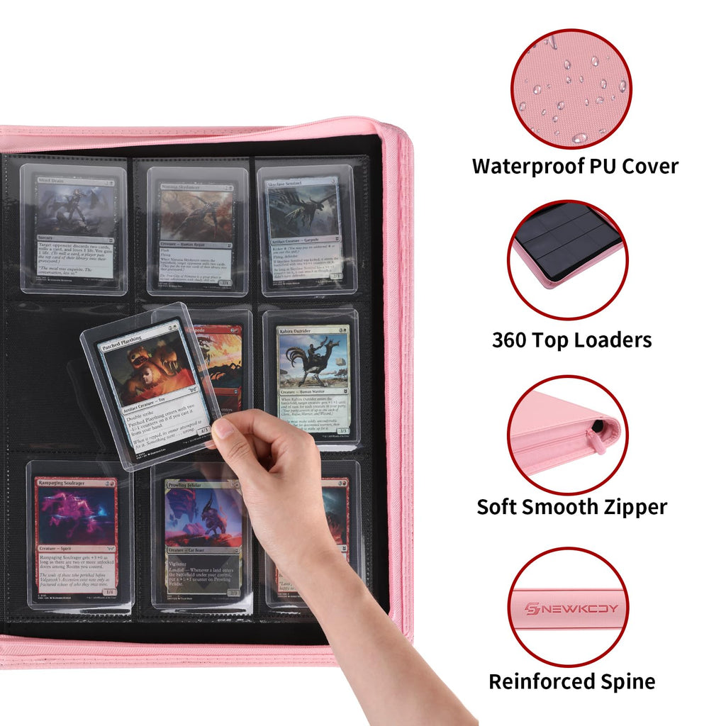 Snekdy Top loader Binder, 9 Pockets Top Loader，Holds 360 Top Loaders cards, Card binder with Sleeves for card in 3 x 4 inches color smooth Zipper PU Leather (Black)