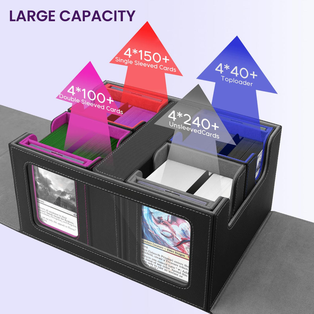 Card Deck Box for MTG with Commander Display, 5 in 1 Card Storage Box Fits 400+ Double-sleeved Cards, Deck Case for TCG Cards with Dividers, Dice Tray, Magnetic Card Holders, Black Purple