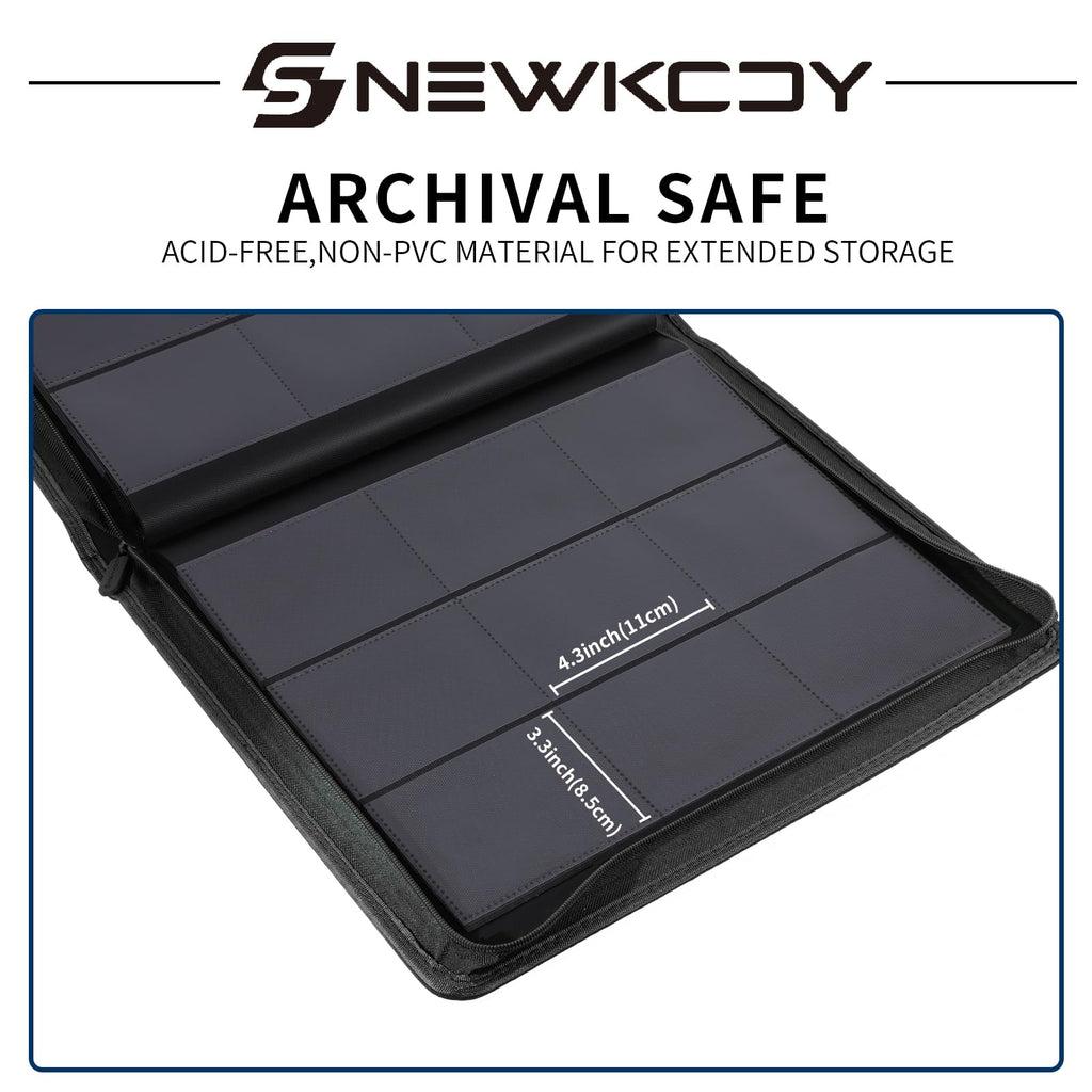 Snekdy Top loader Binder, 9 Pockets Top Loader，Holds 360 Top Loaders cards, Card binder with Sleeves for card in 3 x 4 inches color smooth Zipper PU Leather (Black)