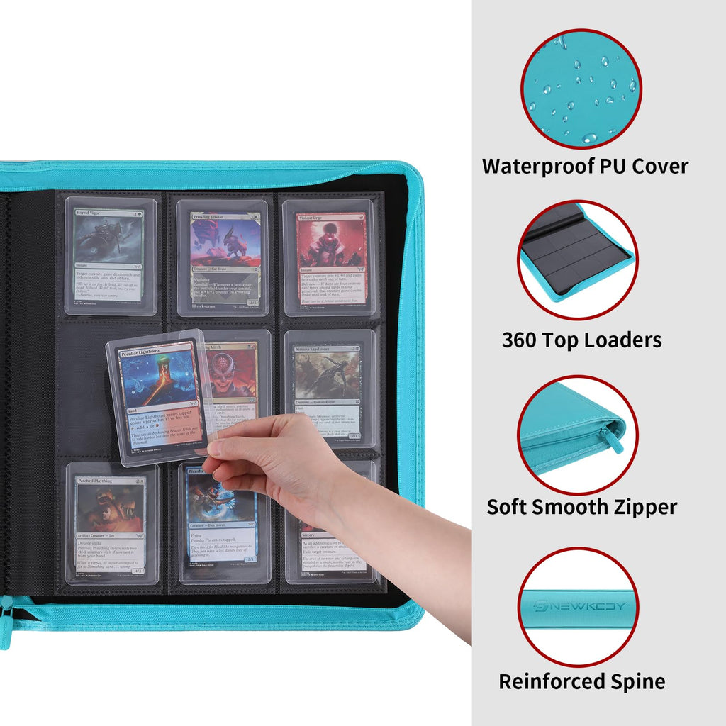 Snekdy Top loader Binder, 9 Pockets Top Loader，Holds 360 Top Loaders cards, Card binder with Sleeves for card in 3 x 4 inches color smooth Zipper PU Leather (Black)