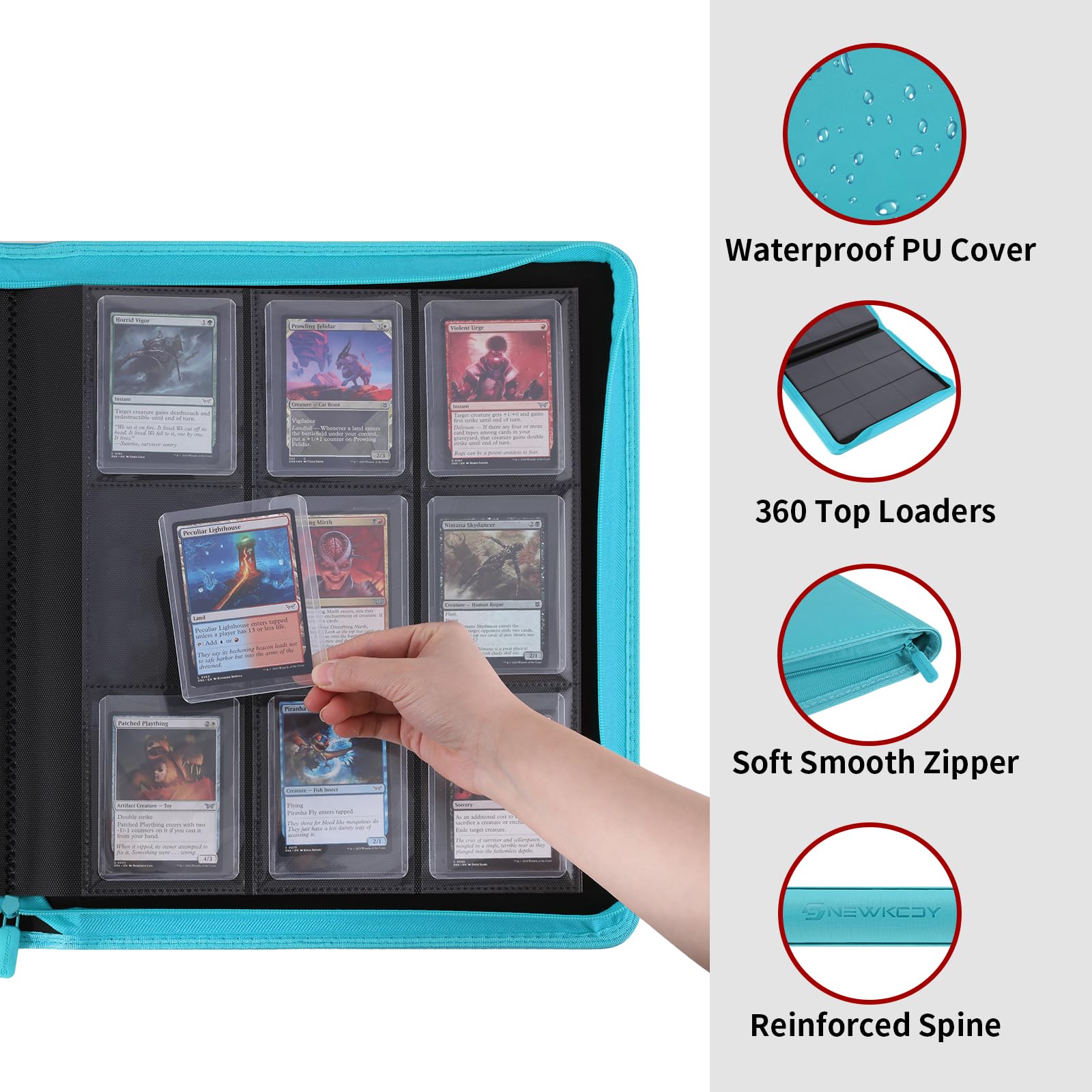 Snekdy Top loader Binder, 9 Pockets Top Loader，Holds 360 Top Loaders cards, Card binder with Sleeves for card in 3 x 4 inches color smooth Zipper PU Leather (Black)