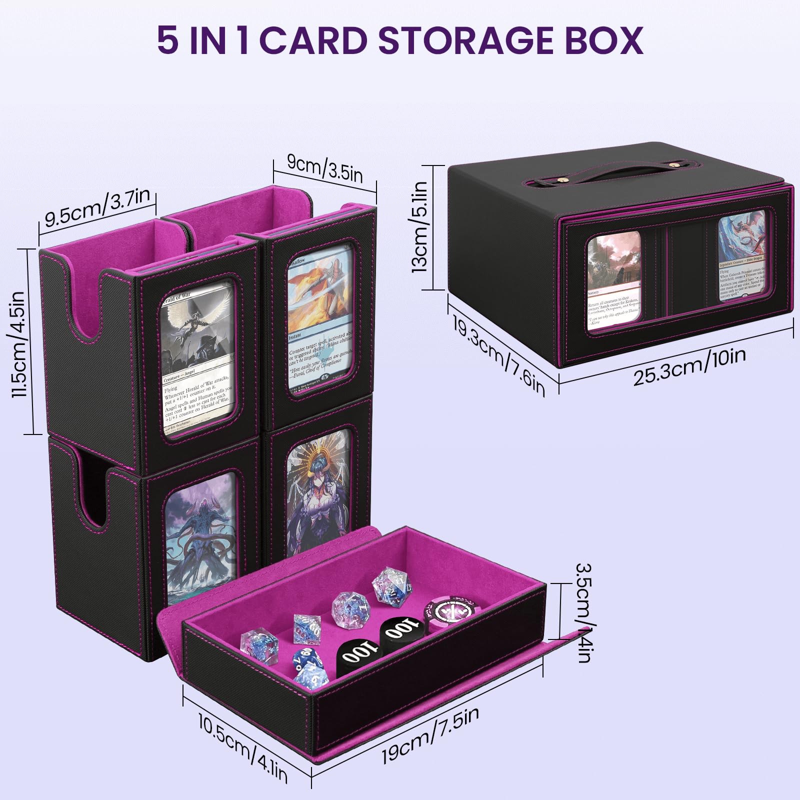 Card Deck Box for MTG with Commander Display, 5 in 1 Card Storage Box Fits 400+ Double-sleeved Cards, Deck Case for TCG Cards with Dividers, Dice Tray, Magnetic Card Holders, Black Purple