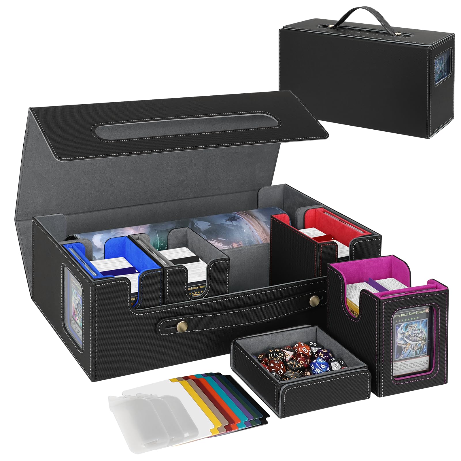 Card Deck Box for MTG with Commander Display, 5 in 1 Card Storage Box Fits 400+ Double-sleeved Cards, Deck Case for TCG Cards with Dividers, Dice Tray, Magnetic Card Holders, Black Purple