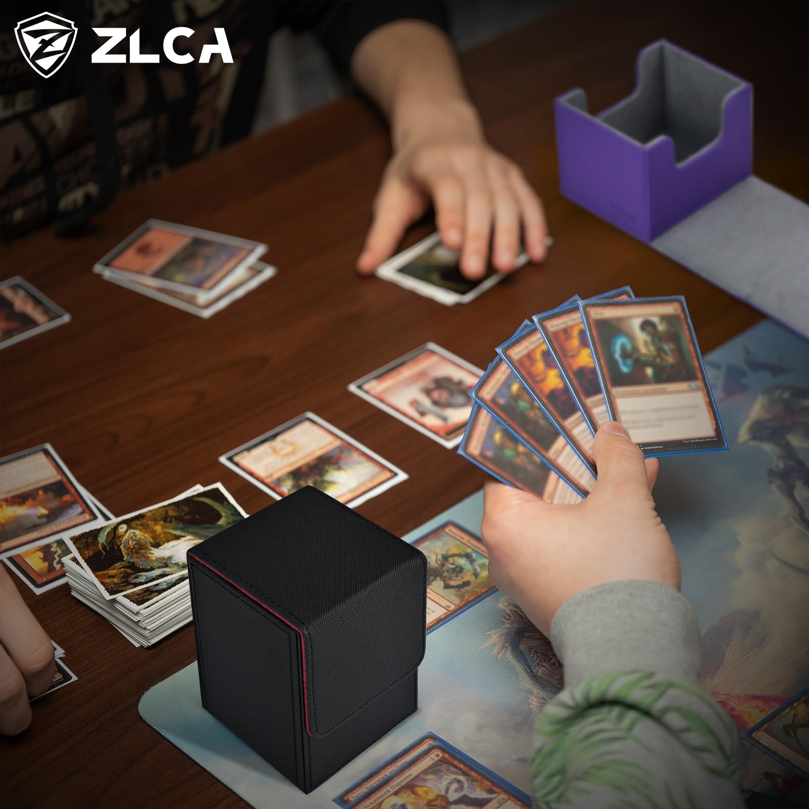 ZLCA MTG Deck Box with Commander Window Display, Commander Deck Box Holds 100 Double-Sleeved Cards Suitable for Magic the Gathering/TCG/CCG/PTCG/EDH/Sport Cards (Black)