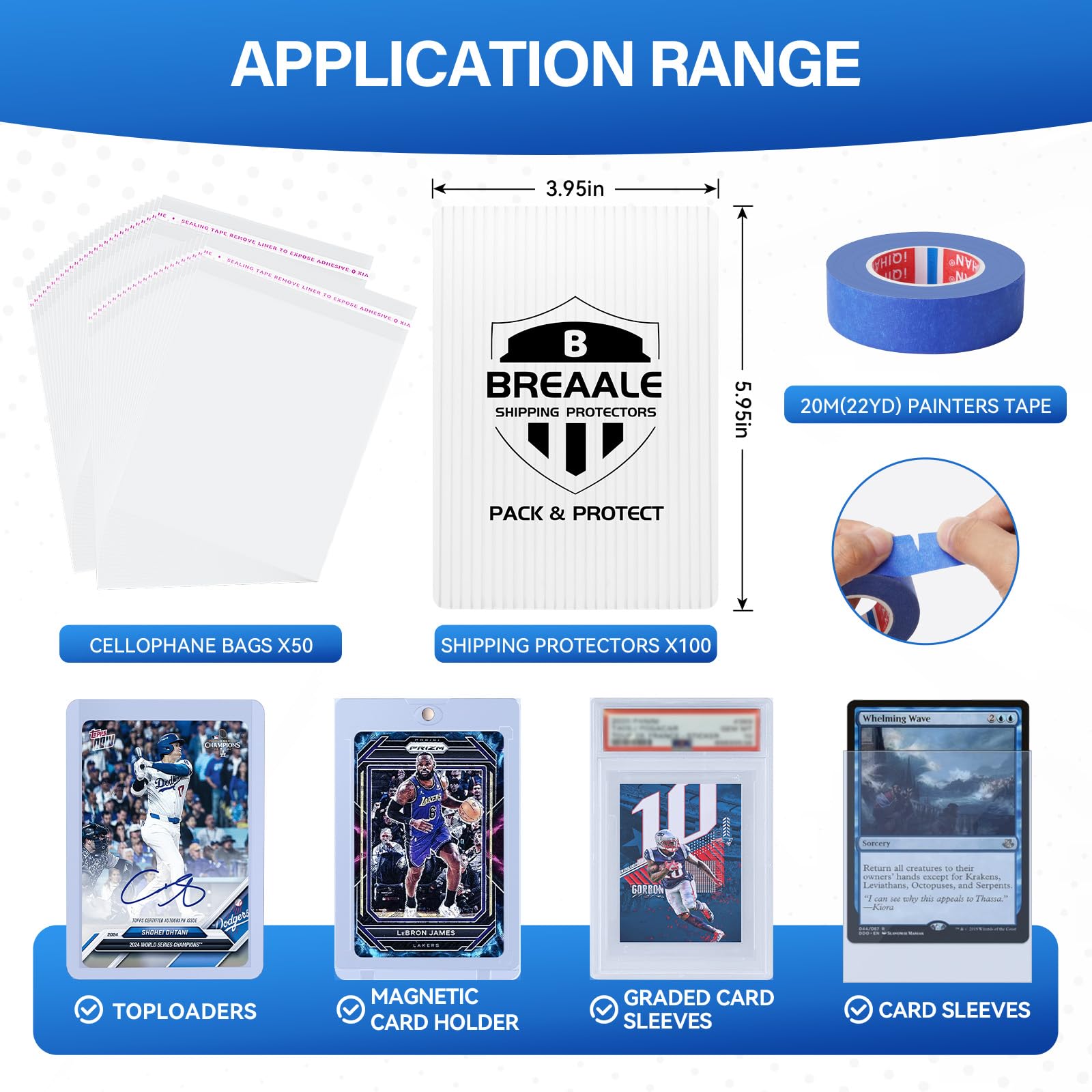 Trading Card Shipping Kit, Includes 100 4'' x 6'' Graded Card Shipping Protectors, 50 6'' x 8.7'' Envelope Bubble Mailers, 20M Painter’s Tape, 50 Cellophane Bags, PSA BGS CGC Slabs & Raw