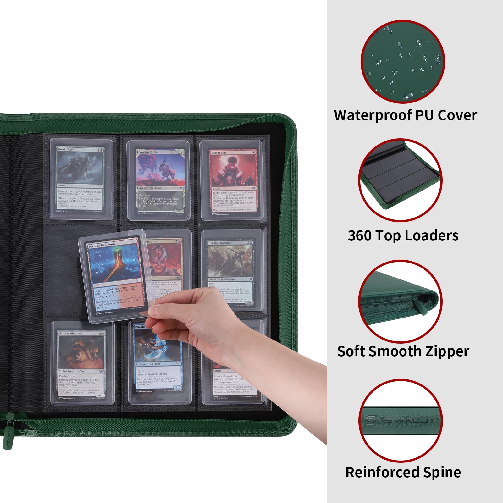 Snekdy Top loader Binder, 9 Pockets Top Loader，Holds 360 Top Loaders cards, Card binder with Sleeves for card in 3 x 4 inches color smooth Zipper PU Leather (Black)