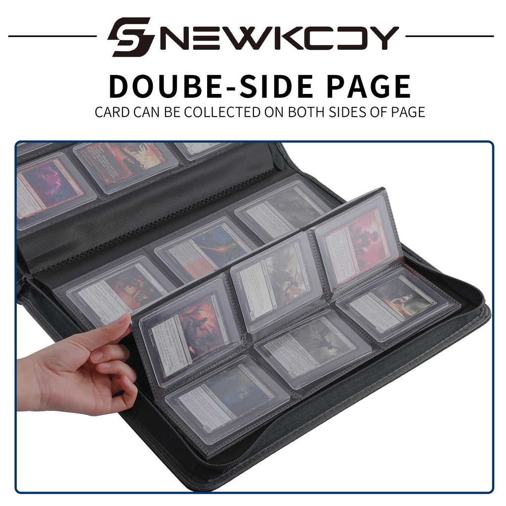 Snekdy Top loader Binder, 9 Pockets Top Loader，Holds 360 Top Loaders cards, Card binder with Sleeves for card in 3 x 4 inches color smooth Zipper PU Leather (Black)