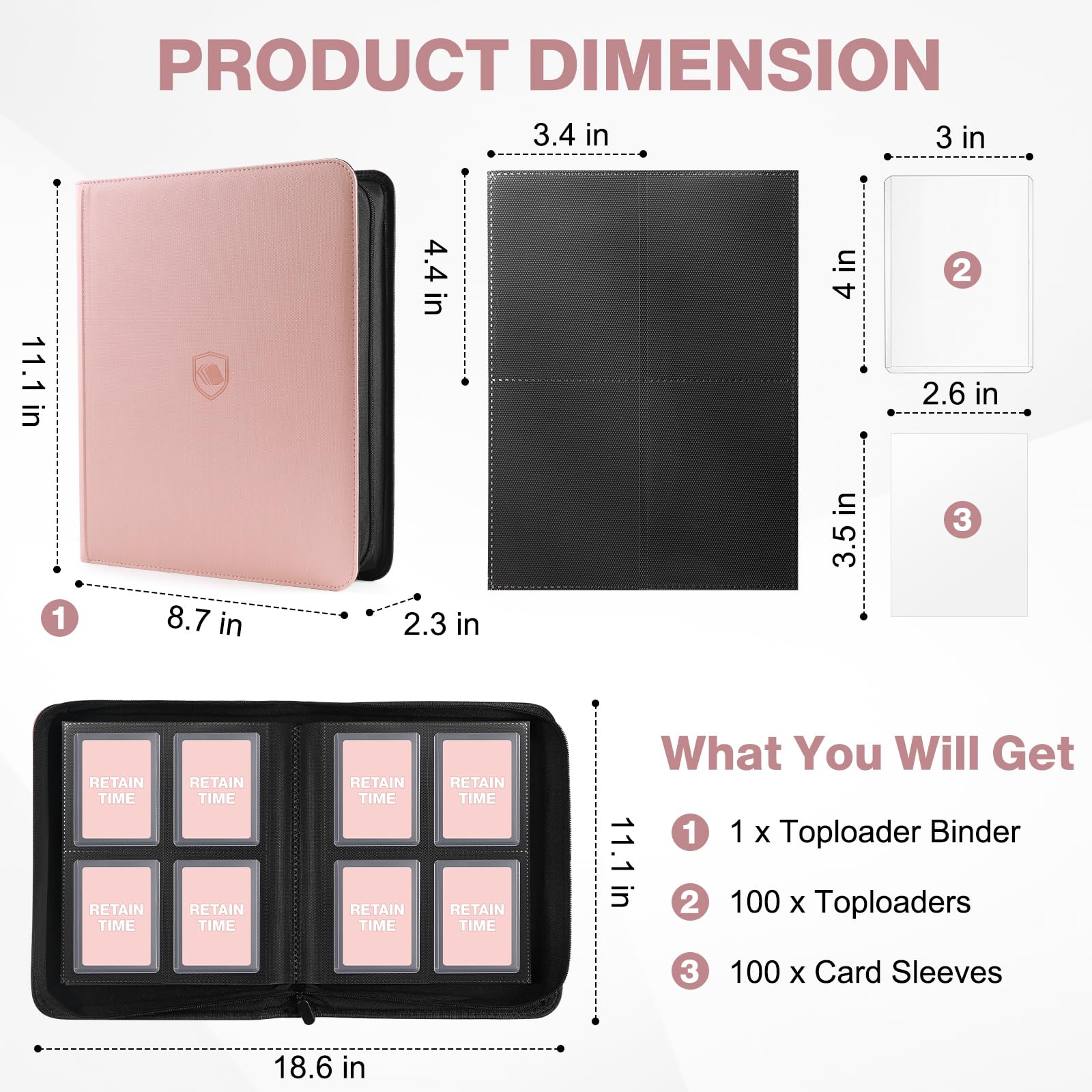 Toploader Binder, Holds 360 Toploader, 100 Toploaders INCLUDED, 9-Pocket PU Cover Top Loader Binder for 3" x 4" Rigid Toploaders, Ringless Double-Sided Toploader Card Binder for TCG, Sport Cards