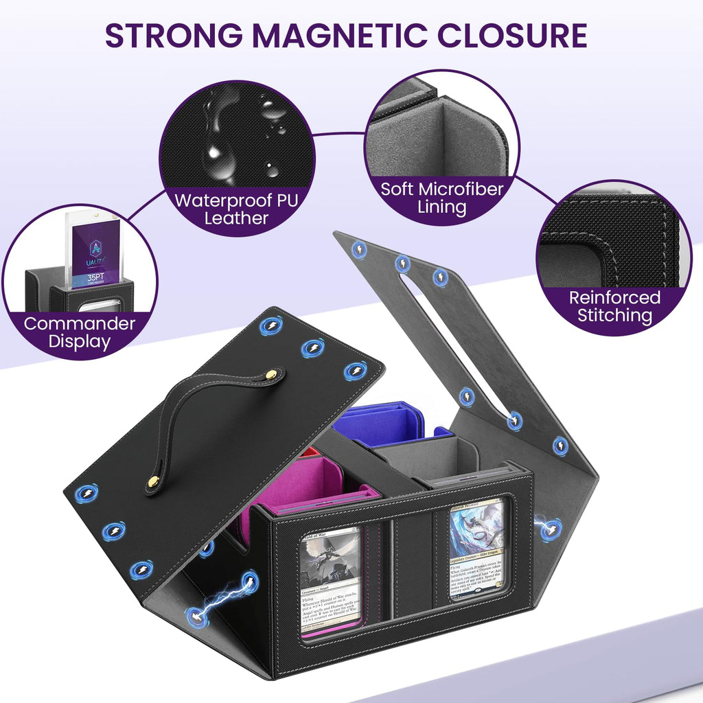 Card Deck Box for MTG with Commander Display, 5 in 1 Card Storage Box Fits 400+ Double-sleeved Cards, Deck Case for TCG Cards with Dividers, Dice Tray, Magnetic Card Holders, Black Purple