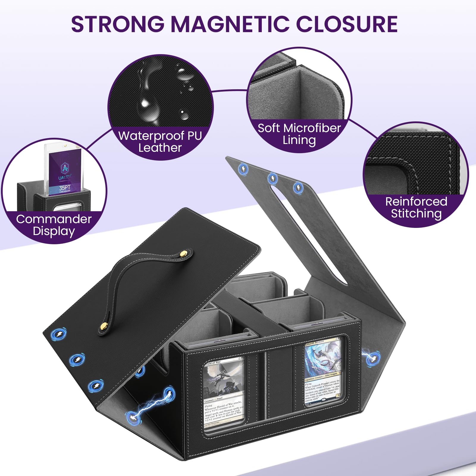 Card Deck Box for MTG with Commander Display, 5 in 1 Card Storage Box Fits 400+ Double-sleeved Cards, Deck Case for TCG Cards with Dividers, Dice Tray, Magnetic Card Holders, Black Purple
