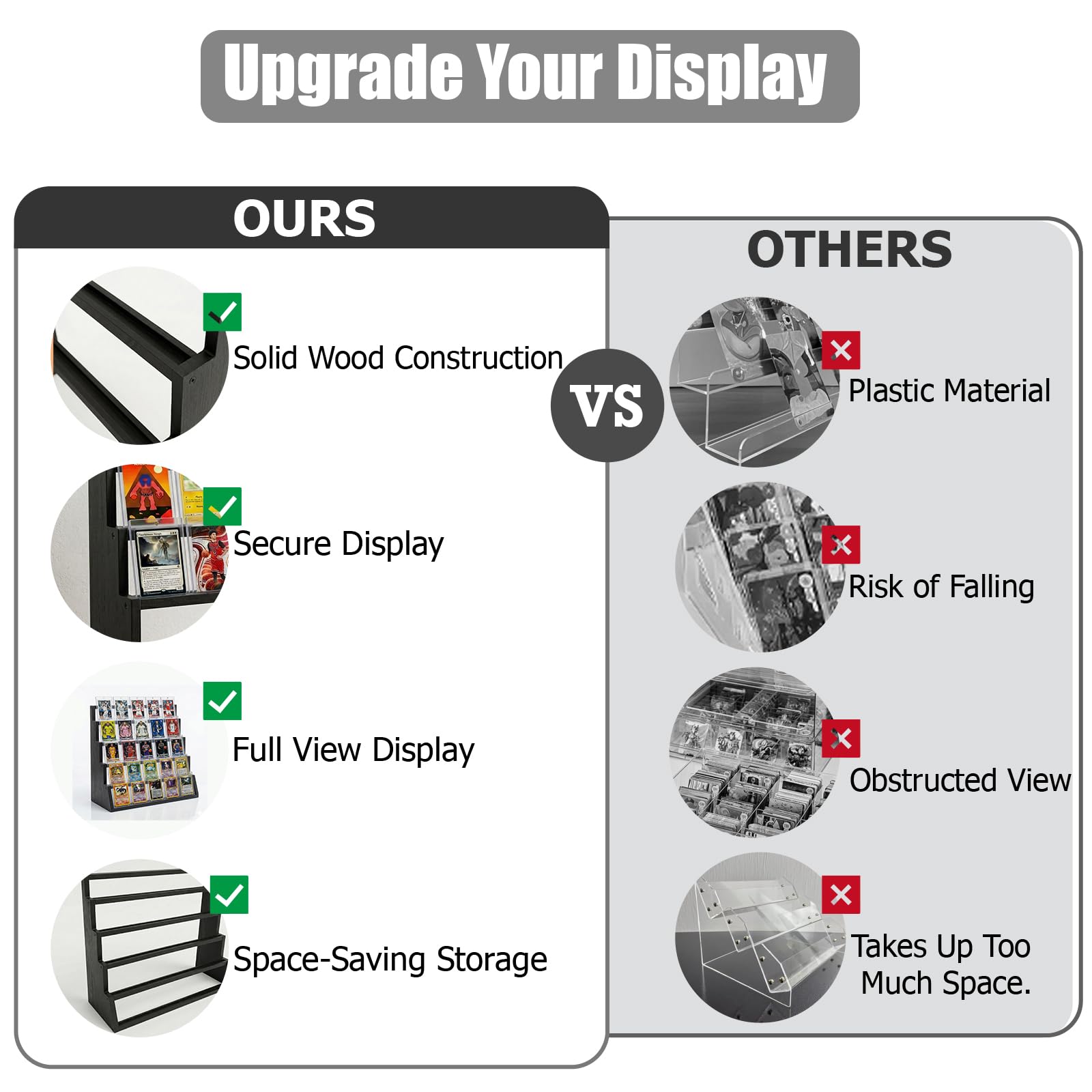 5 Tier Wooden Card Display Stand – Vertical Card Holder Display for Trading Cards, Game Cards, Sports Cards, Graded PSA/BGS/SGC, Baseball, Basketball&Football(Soccer) Card Stand, Desk & Shelf Organize,Black