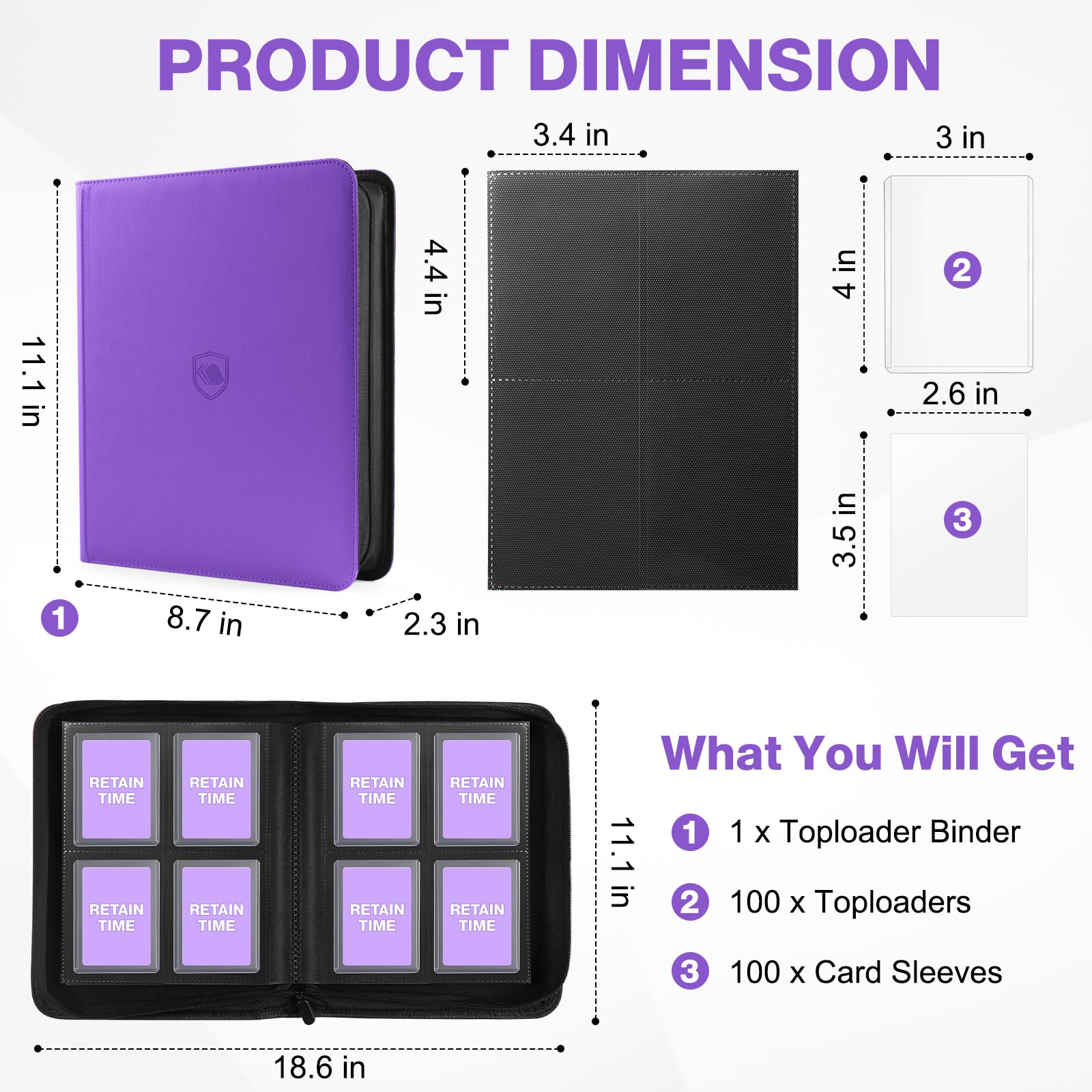 Toploader Binder, Holds 360 Toploader, 100 Toploaders INCLUDED, 9-Pocket PU Cover Top Loader Binder for 3" x 4" Rigid Toploaders, Ringless Double-Sided Toploader Card Binder for TCG, Sport Cards
