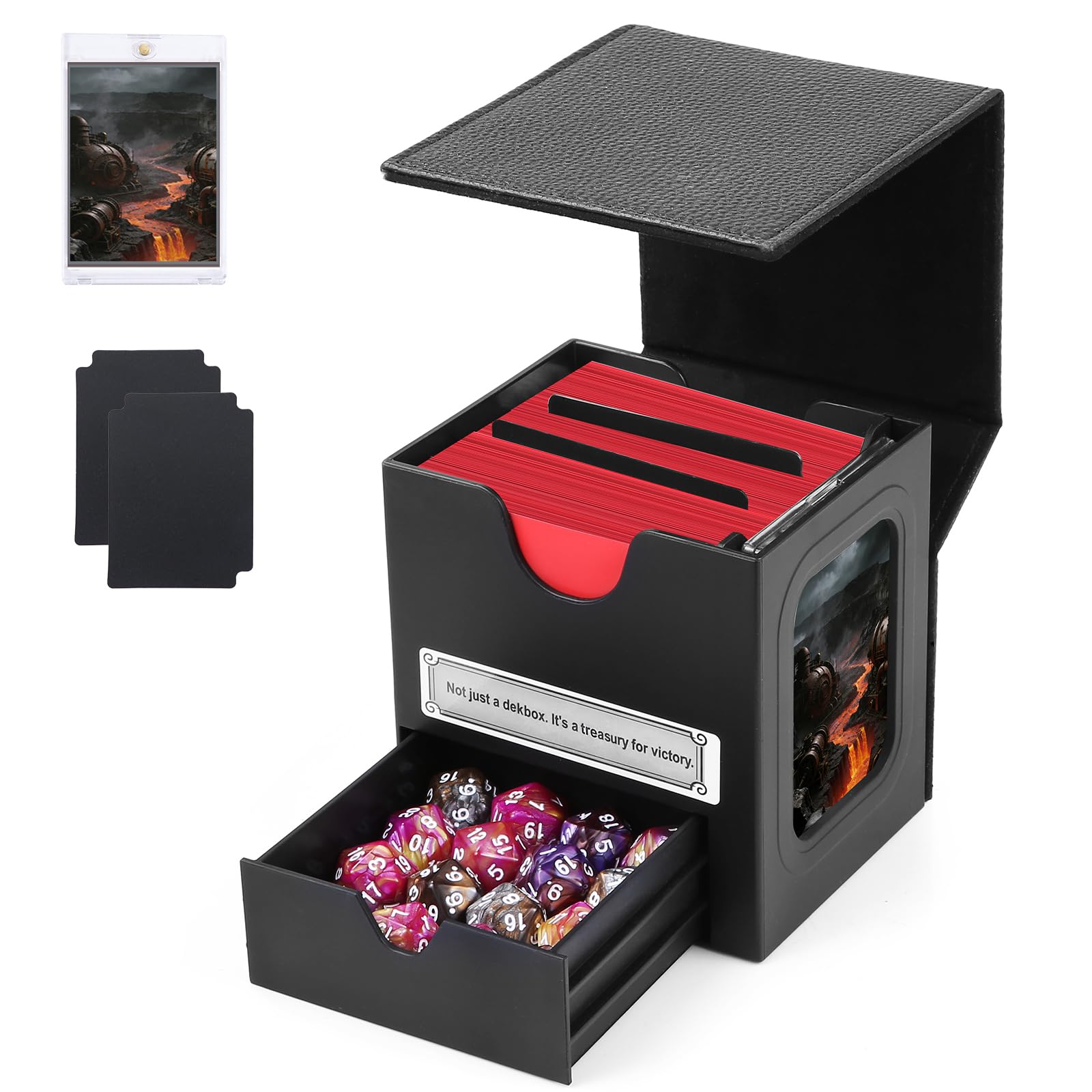 Patented MTG Commander DekBox, 100+ Double Sleeved Card Storage Box with Dice Tray, 35pt Card Holder & 2 Dividers - Magnetic Deck Case for TCG/CCG/Magic/Sports Cards, Black
