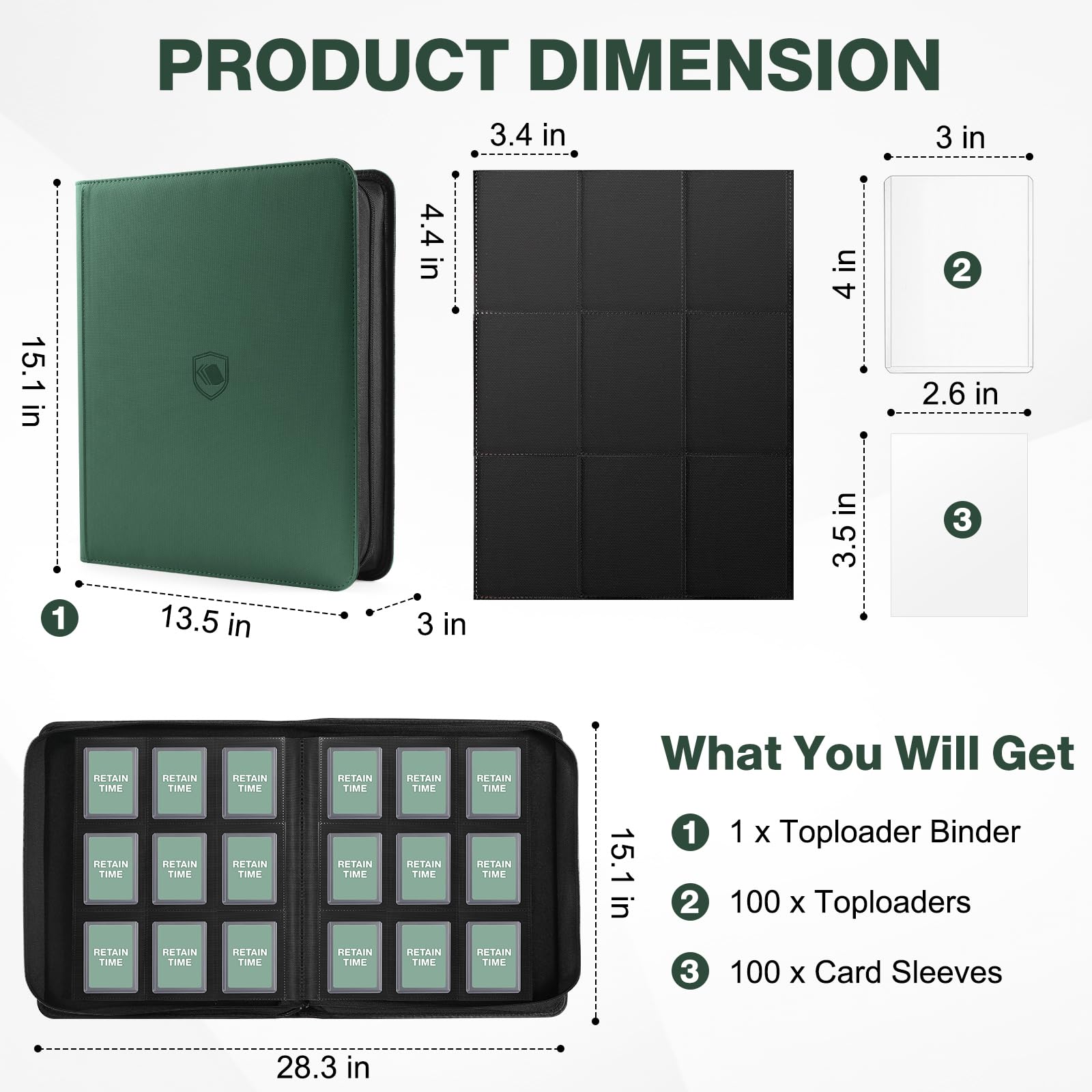 Toploader Binder, Holds 360 Toploader, 100 Toploaders INCLUDED, 9-Pocket PU Cover Top Loader Binder for 3" x 4" Rigid Toploaders, Ringless Double-Sided Toploader Card Binder for TCG, Sport Cards