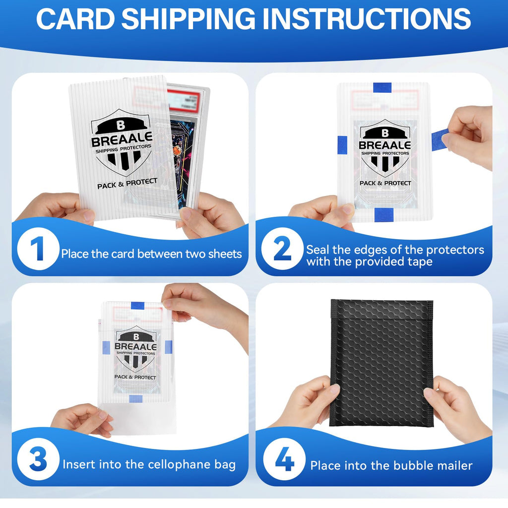 Trading Card Shipping Kit, Includes 100 4'' x 6'' Graded Card Shipping Protectors, 50 6'' x 8.7'' Envelope Bubble Mailers, 20M Painter’s Tape, 50 Cellophane Bags, PSA BGS CGC Slabs & Raw