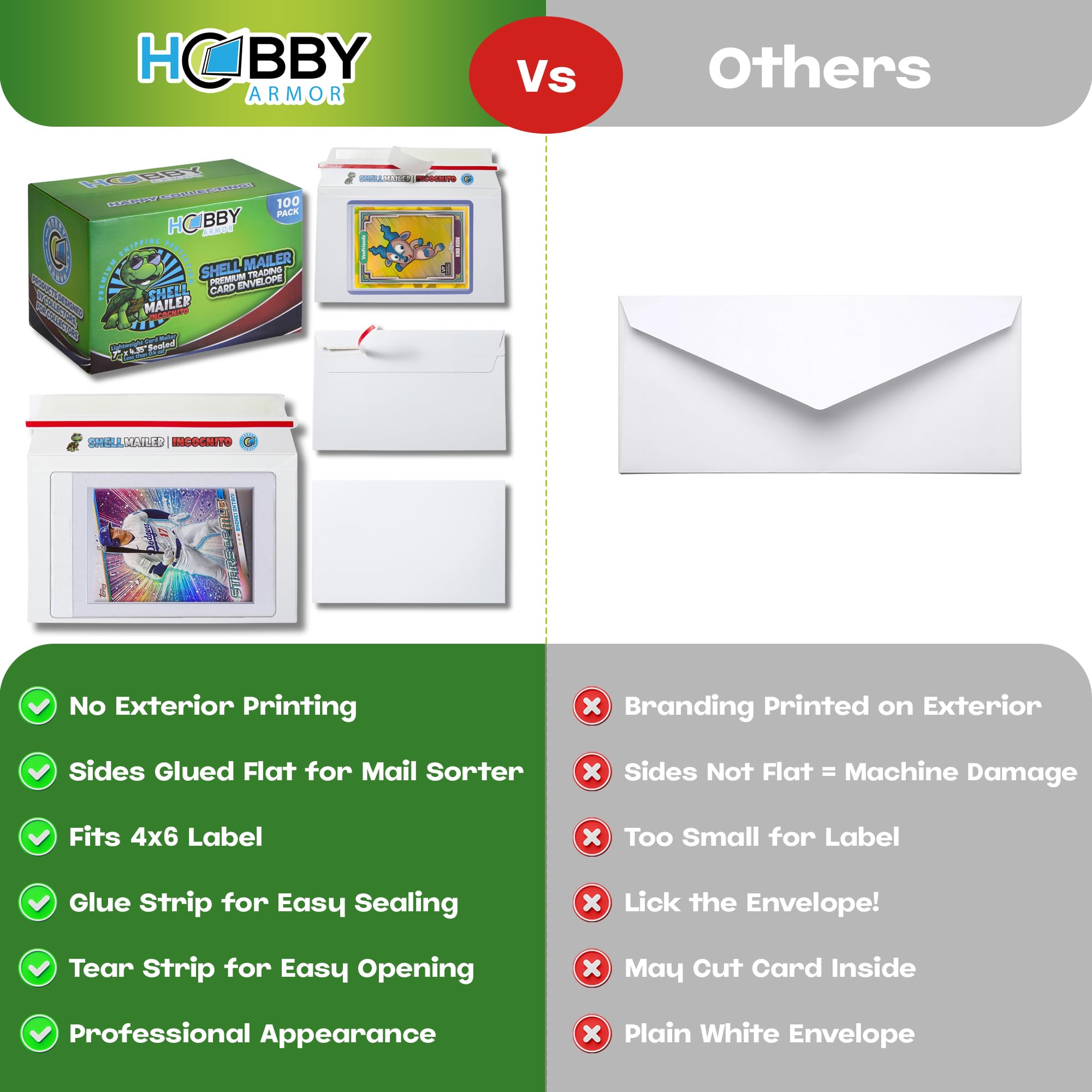 100 Pack Shell Mailer Incognito Trading Card Envelopes by Hobby Armor, 7" x 4.35" Trading Card Mailers for Shipping, Perfect Size Shipping Envelope for Mailing Cards in Semi-Rigid Holders & Toploaders