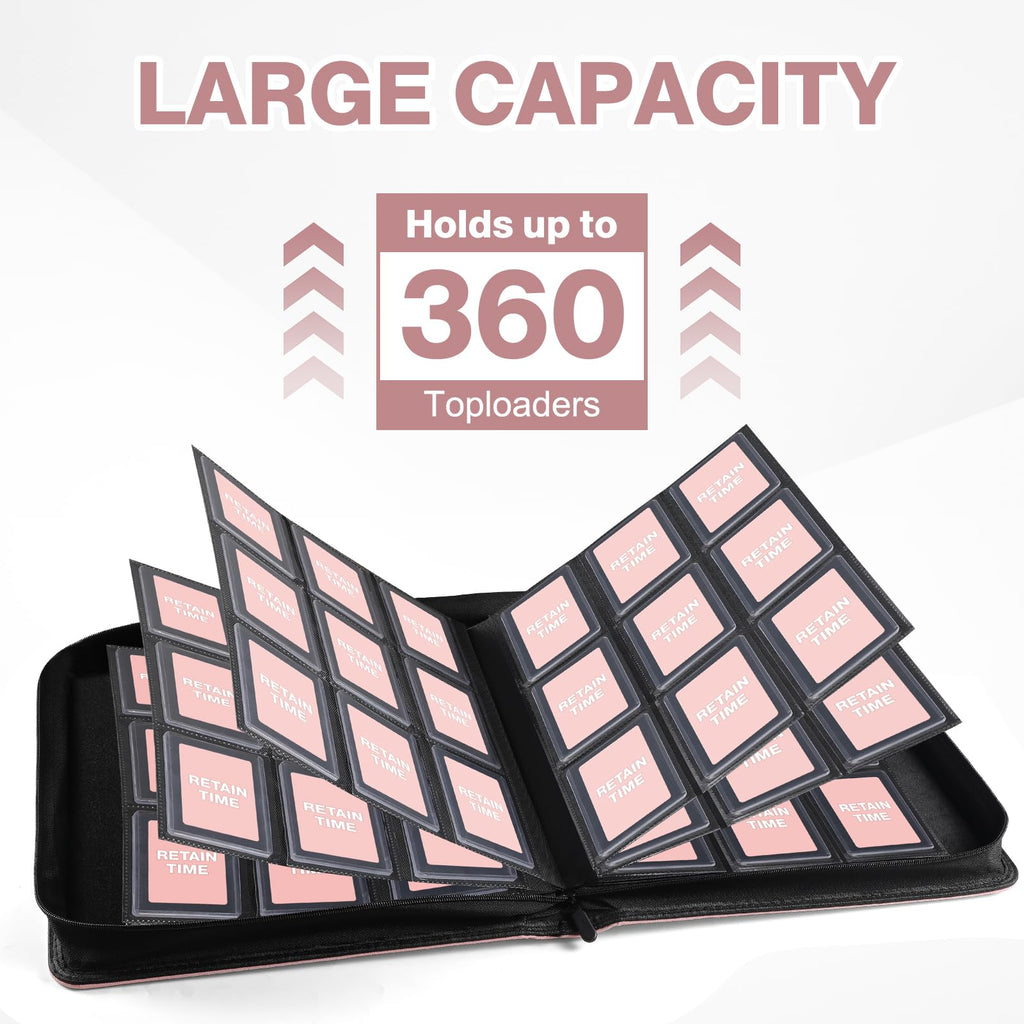 Toploader Binder, Holds 360 Toploader, 100 Toploaders INCLUDED, 9-Pocket PU Cover Top Loader Binder for 3" x 4" Rigid Toploaders, Ringless Double-Sided Toploader Card Binder for TCG, Sport Cards