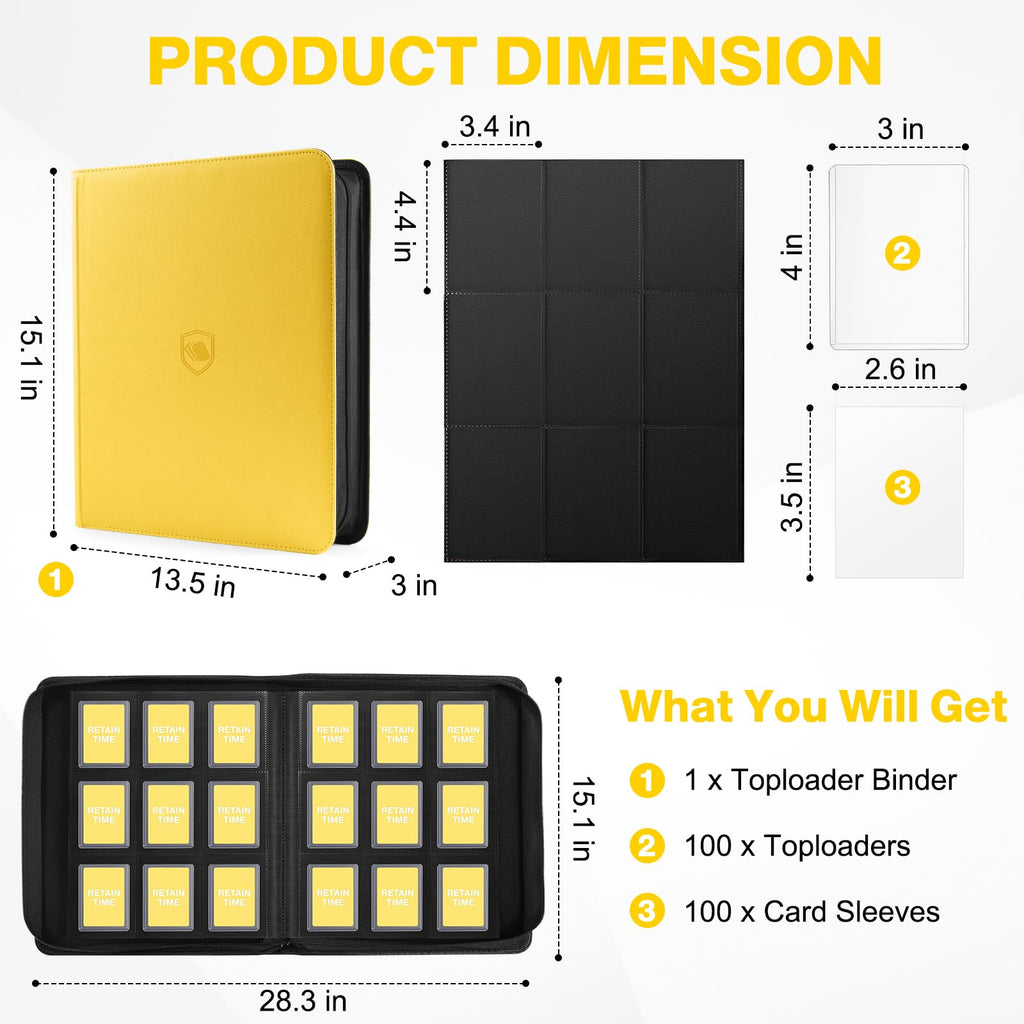 Toploader Binder, Holds 360 Toploader, 100 Toploaders INCLUDED, 9-Pocket PU Cover Top Loader Binder for 3" x 4" Rigid Toploaders, Ringless Double-Sided Toploader Card Binder for TCG, Sport Cards