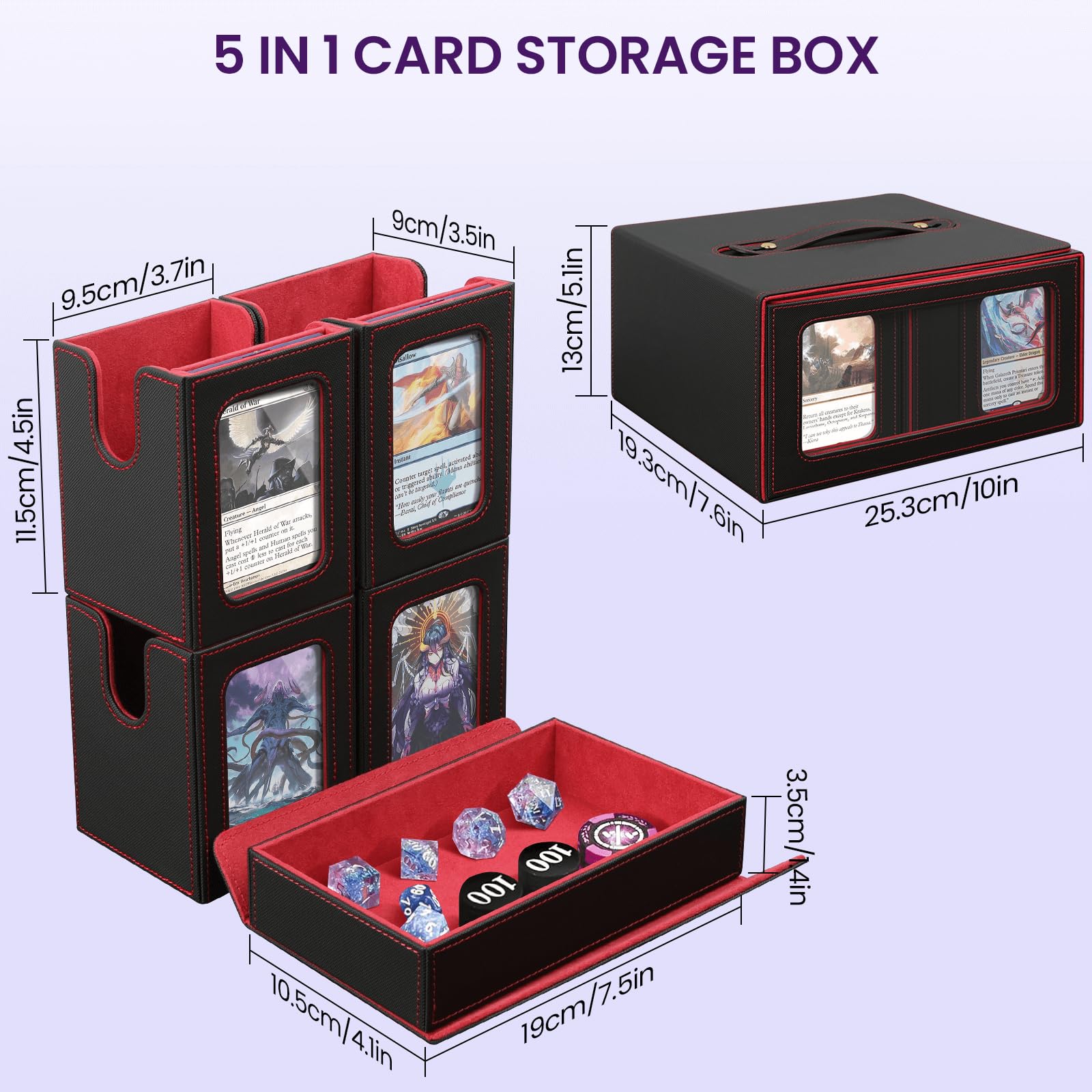 Card Deck Box for MTG with Commander Display, 5 in 1 Card Storage Box Fits 400+ Double-sleeved Cards, Deck Case for TCG Cards with Dividers, Dice Tray, Magnetic Card Holders, Black Purple