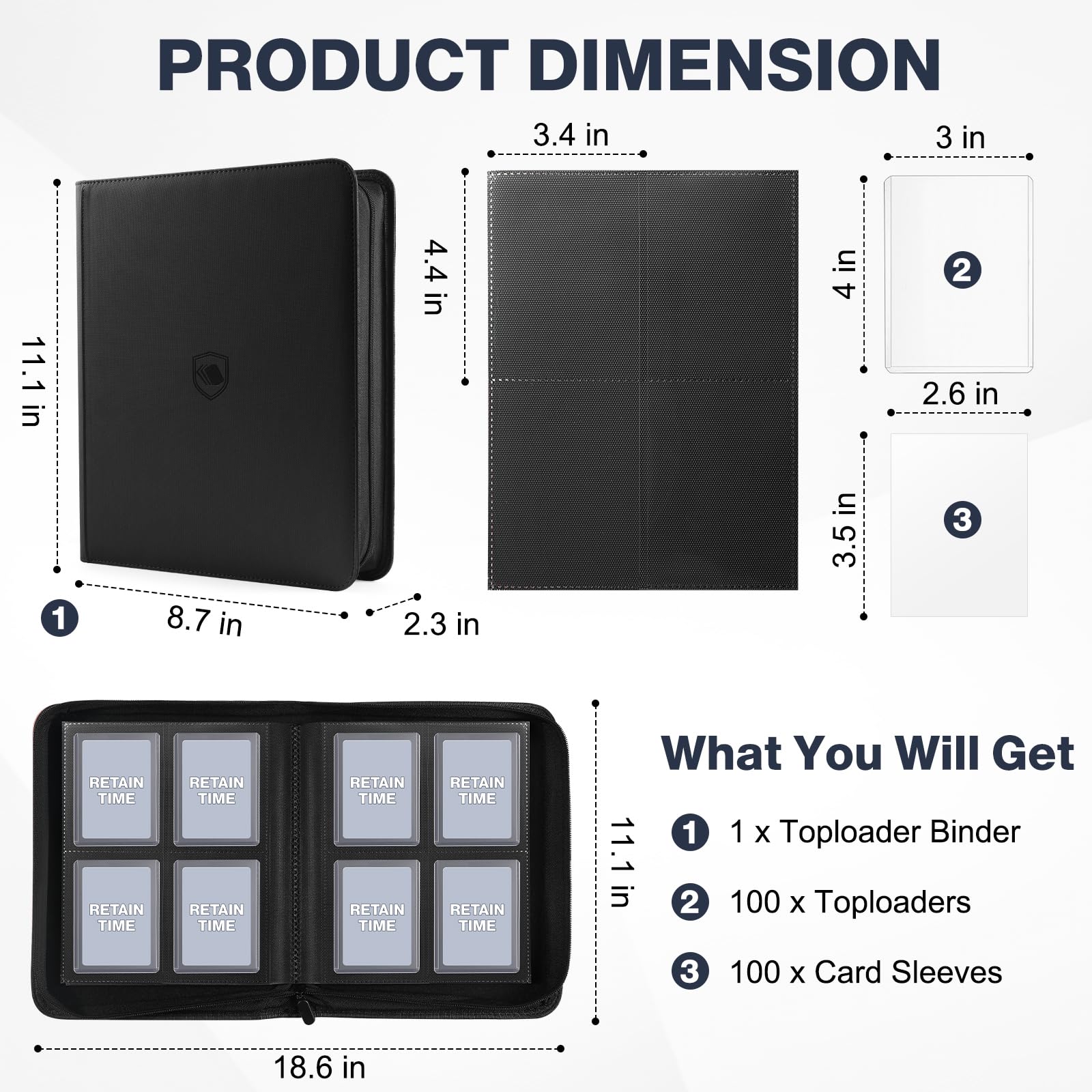 Toploader Binder, Holds 360 Toploader, 100 Toploaders INCLUDED, 9-Pocket PU Cover Top Loader Binder for 3" x 4" Rigid Toploaders, Ringless Double-Sided Toploader Card Binder for TCG, Sport Cards