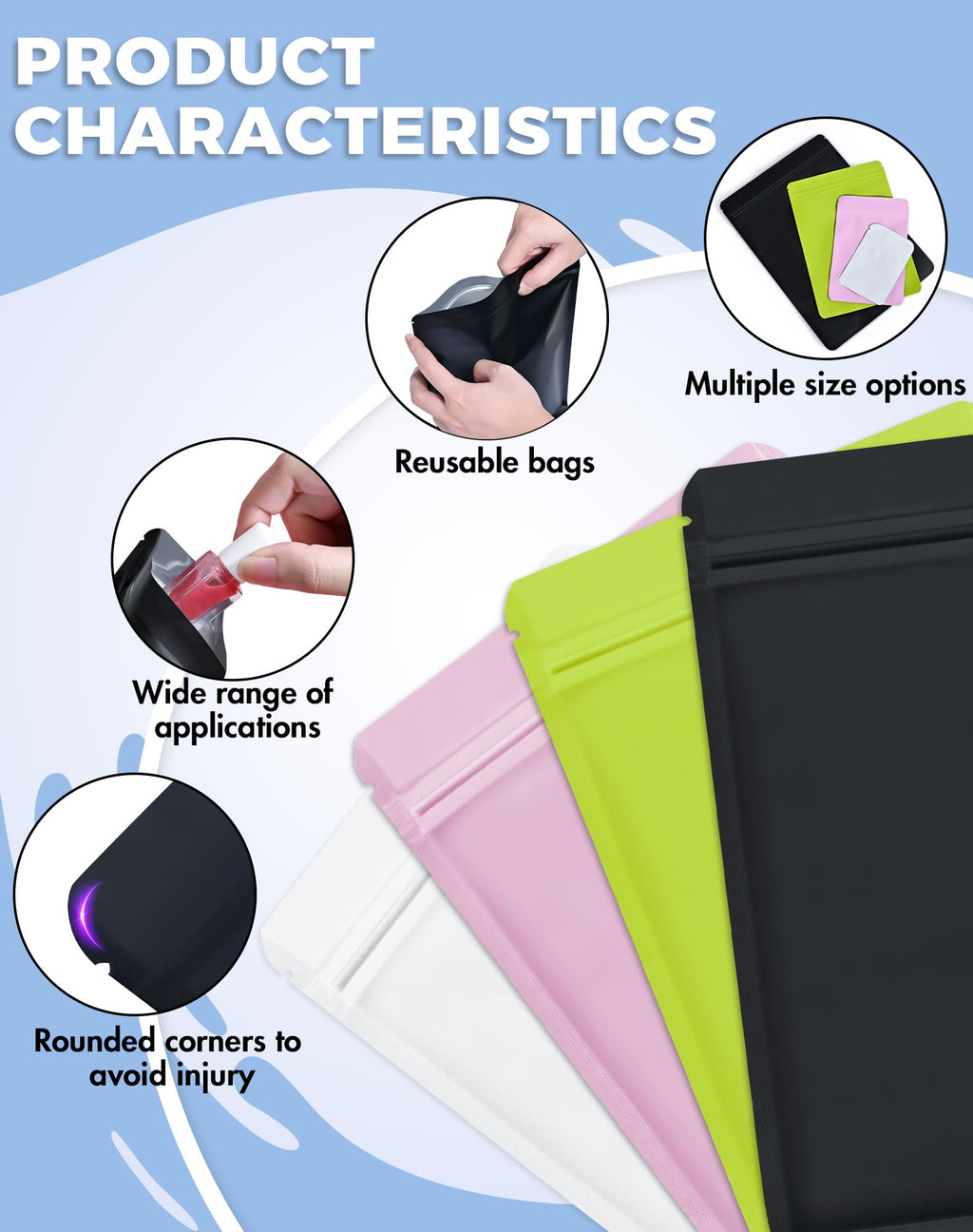 FireKylin 100 Pack Resealable Packaging Bags for Small Business Double-Sided Color Smell Proof Bags for Food Storage Flat Bags (Black, 2.7" x 3.8")