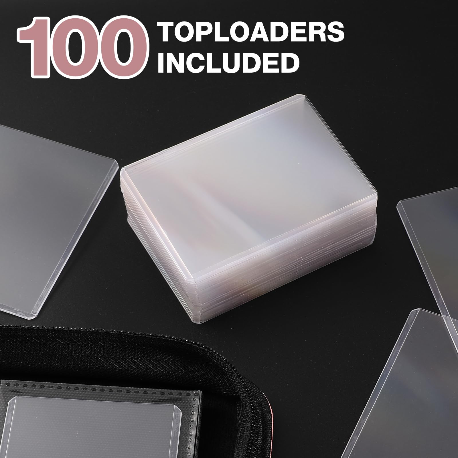 Toploader Binder, Holds 360 Toploader, 100 Toploaders INCLUDED, 9-Pocket PU Cover Top Loader Binder for 3" x 4" Rigid Toploaders, Ringless Double-Sided Toploader Card Binder for TCG, Sport Cards