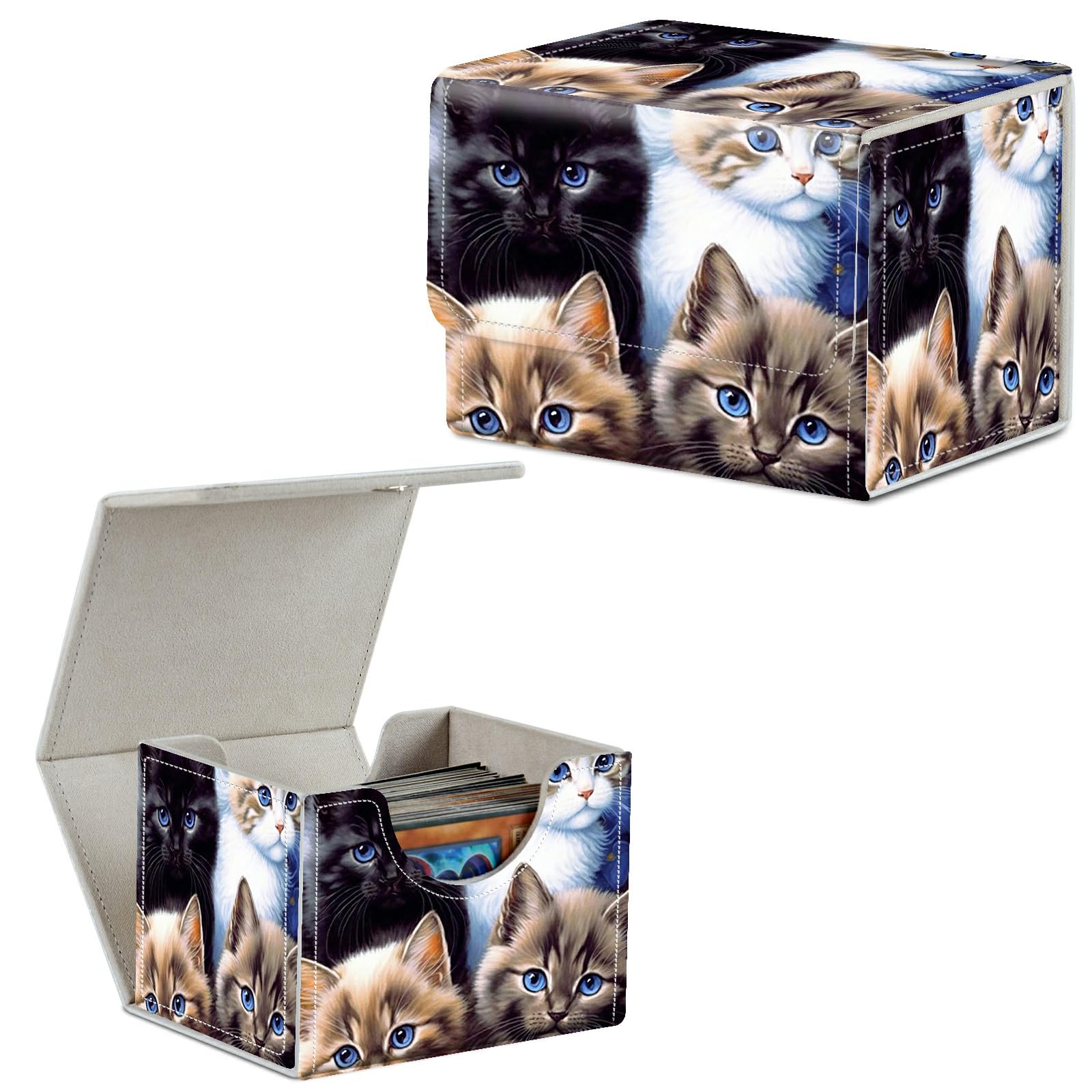 Card Deck Box Trading Cards Storage Box with Strong Magnet Premium Case Commander Deck Storage Cover for TCG CCG Magic Cards,Cat Face With Stars