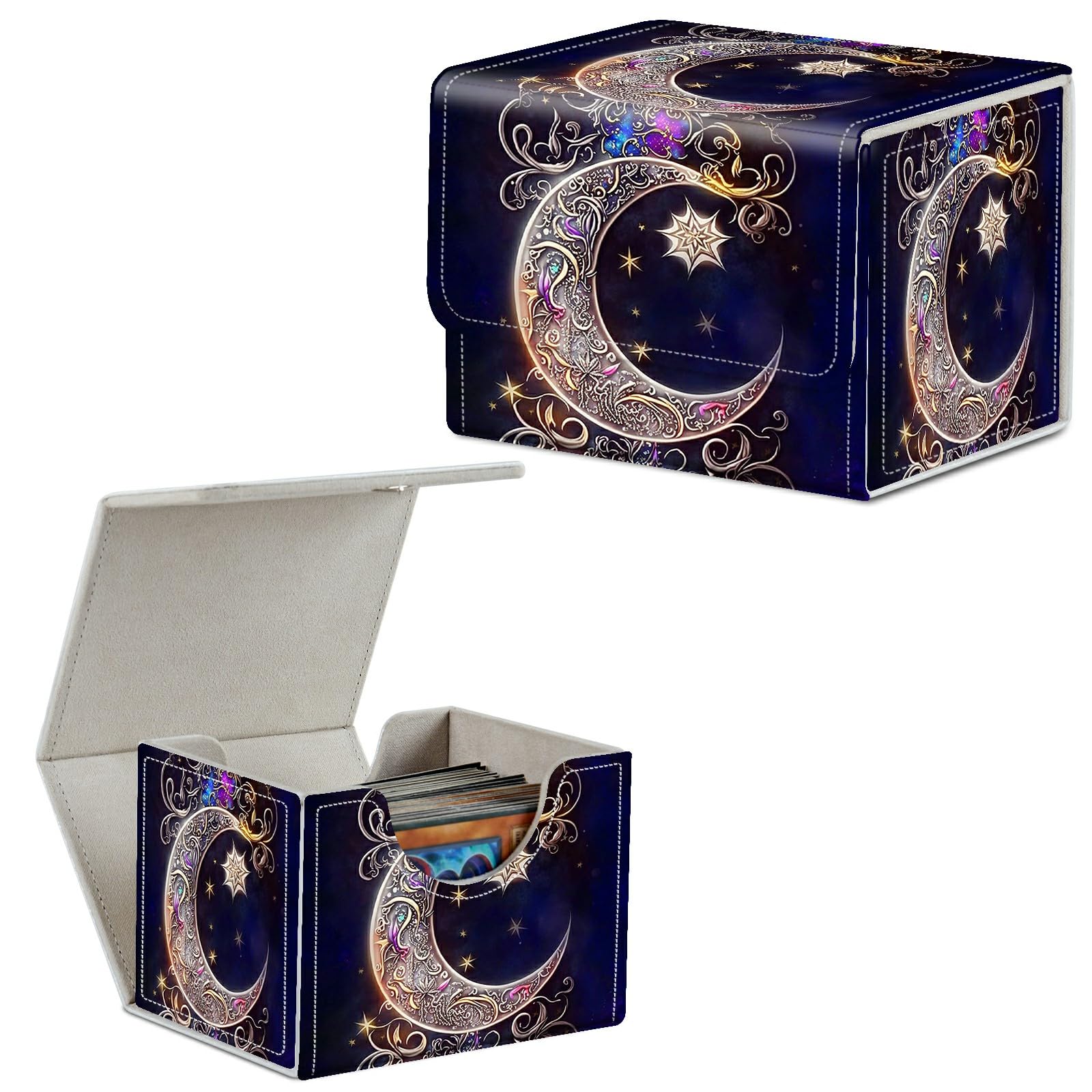 Card Deck Box Trading Cards Storage Box with Strong Magnet Premium Case Commander Deck Storage Cover for TCG CCG Magic Cards,Cat Face With Stars