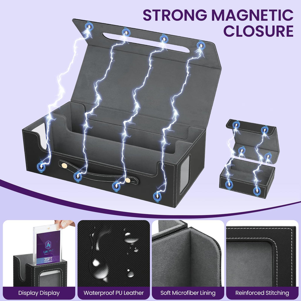 Card Deck Box for MTG with Commander Display, 5 in 1 Card Storage Box Fits 400+ Double-sleeved Cards, Deck Case for TCG Cards with Dividers, Dice Tray, Magnetic Card Holders, Black Purple