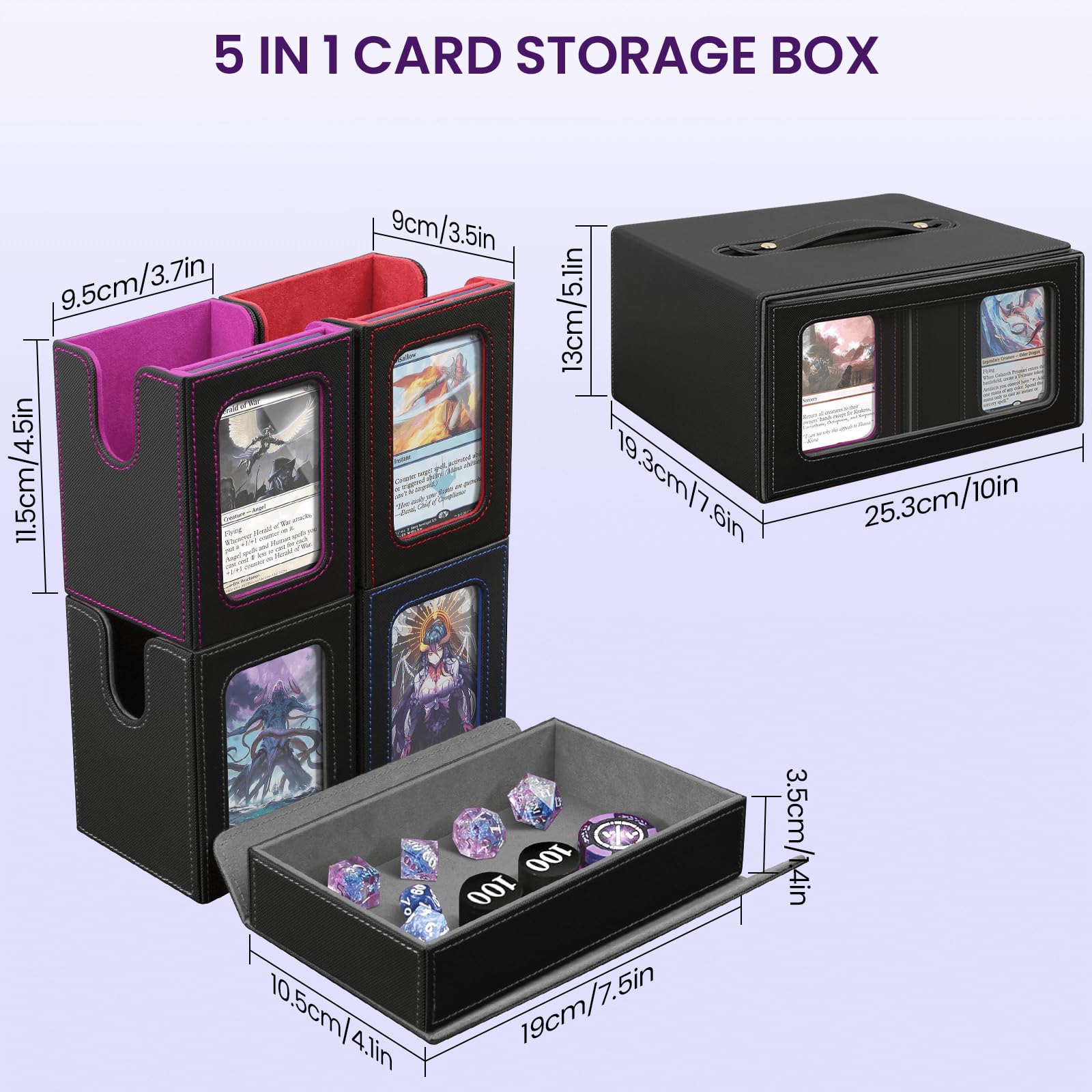 Card Deck Box for MTG with Commander Display, 5 in 1 Card Storage Box Fits 400+ Double-sleeved Cards, Deck Case for TCG Cards with Dividers, Dice Tray, Magnetic Card Holders, Black Purple