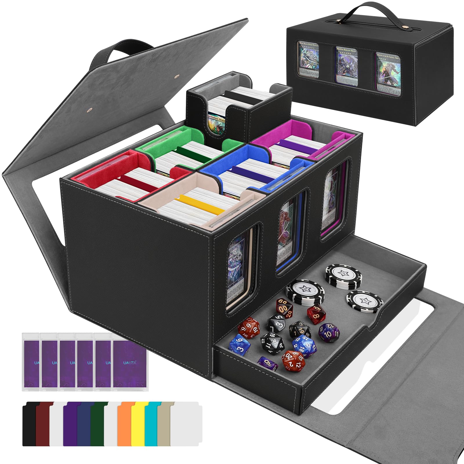 Card Deck Box for MTG with Commander Display, 5 in 1 Card Storage Box Fits 400+ Double-sleeved Cards, Deck Case for TCG Cards with Dividers, Dice Tray, Magnetic Card Holders, Black Purple