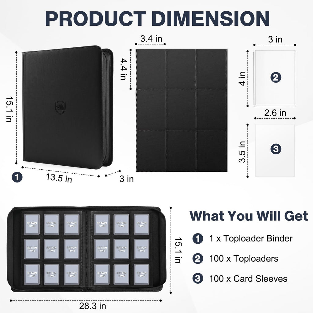 Toploader Binder, Holds 360 Toploader, 100 Toploaders INCLUDED, 9-Pocket PU Cover Top Loader Binder for 3" x 4" Rigid Toploaders, Ringless Double-Sided Toploader Card Binder for TCG, Sport Cards